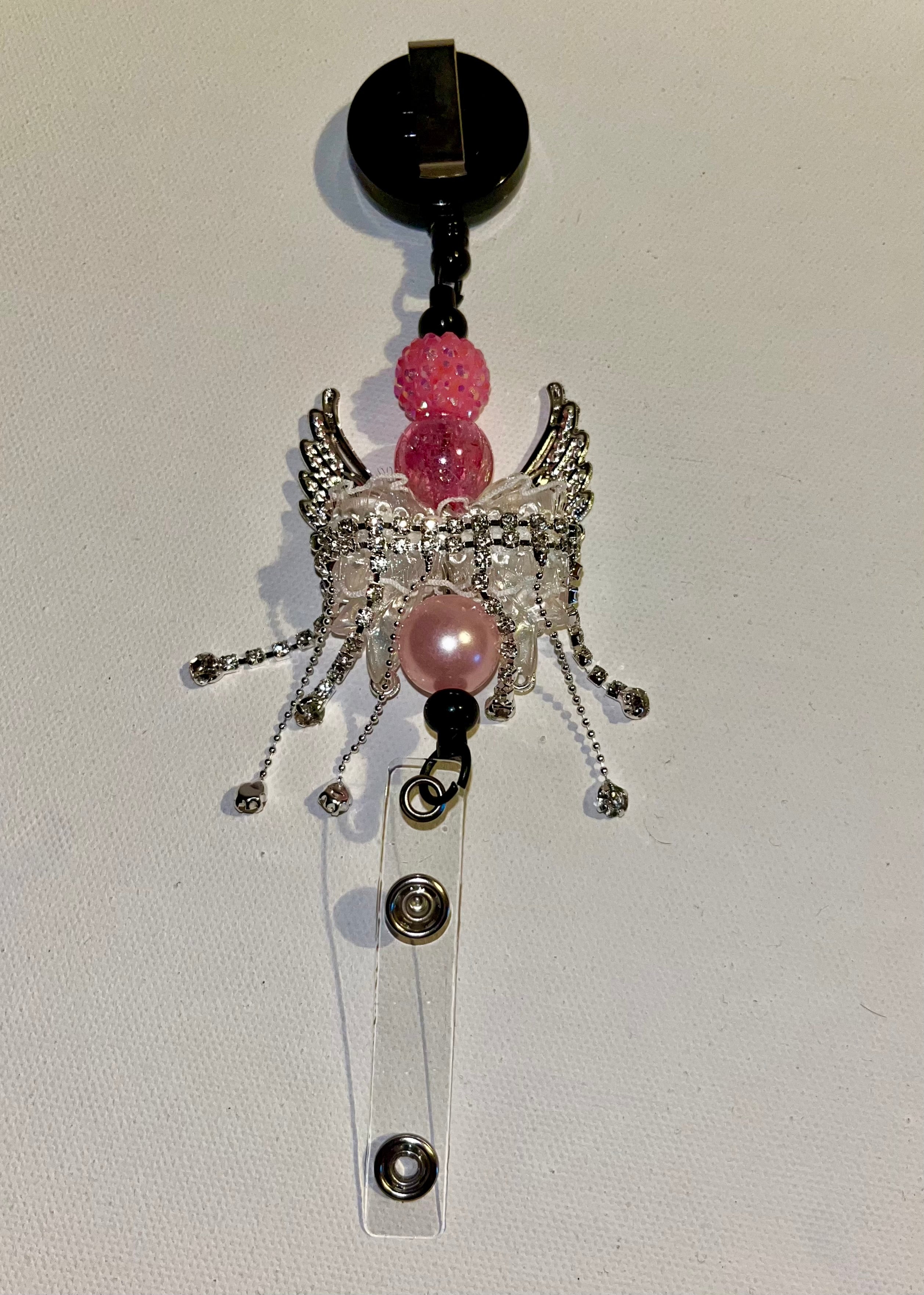 Pink Angel Wing Beaded Badge Reel w/Sparkly Pavé Bead, Crackle Bead & Pearl Bead
