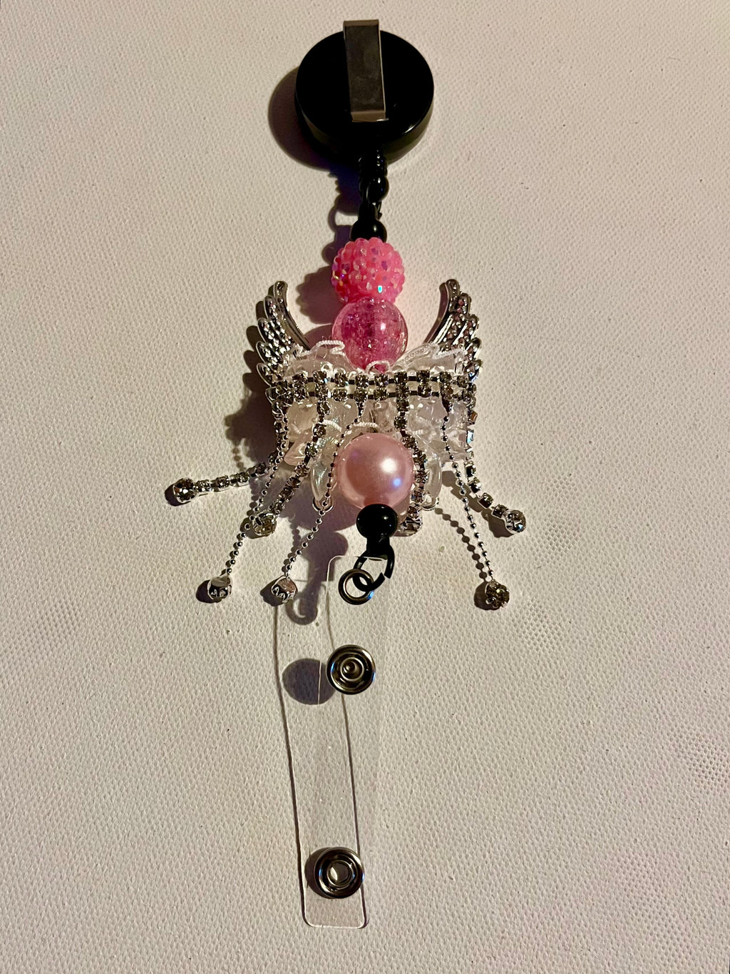 Pink Angel Wing Beaded Badge Reel w/Sparkly Pavé Bead, Crackle Bead & Pearl Bead