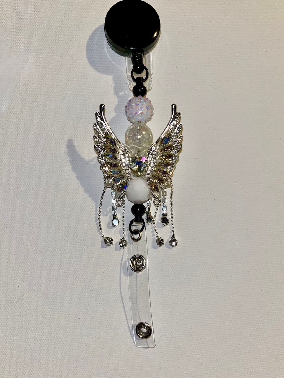 Iridescent Crystal Angel Wing Badge Reel w/White Bead Accents-Faceted, Pavé, Etc