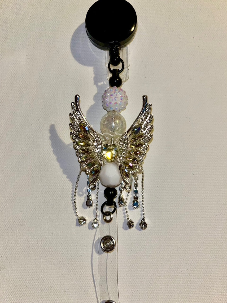 Iridescent Crystal Angel Wing Badge Reel w/White Bead Accents-Faceted, Pavé, Etc