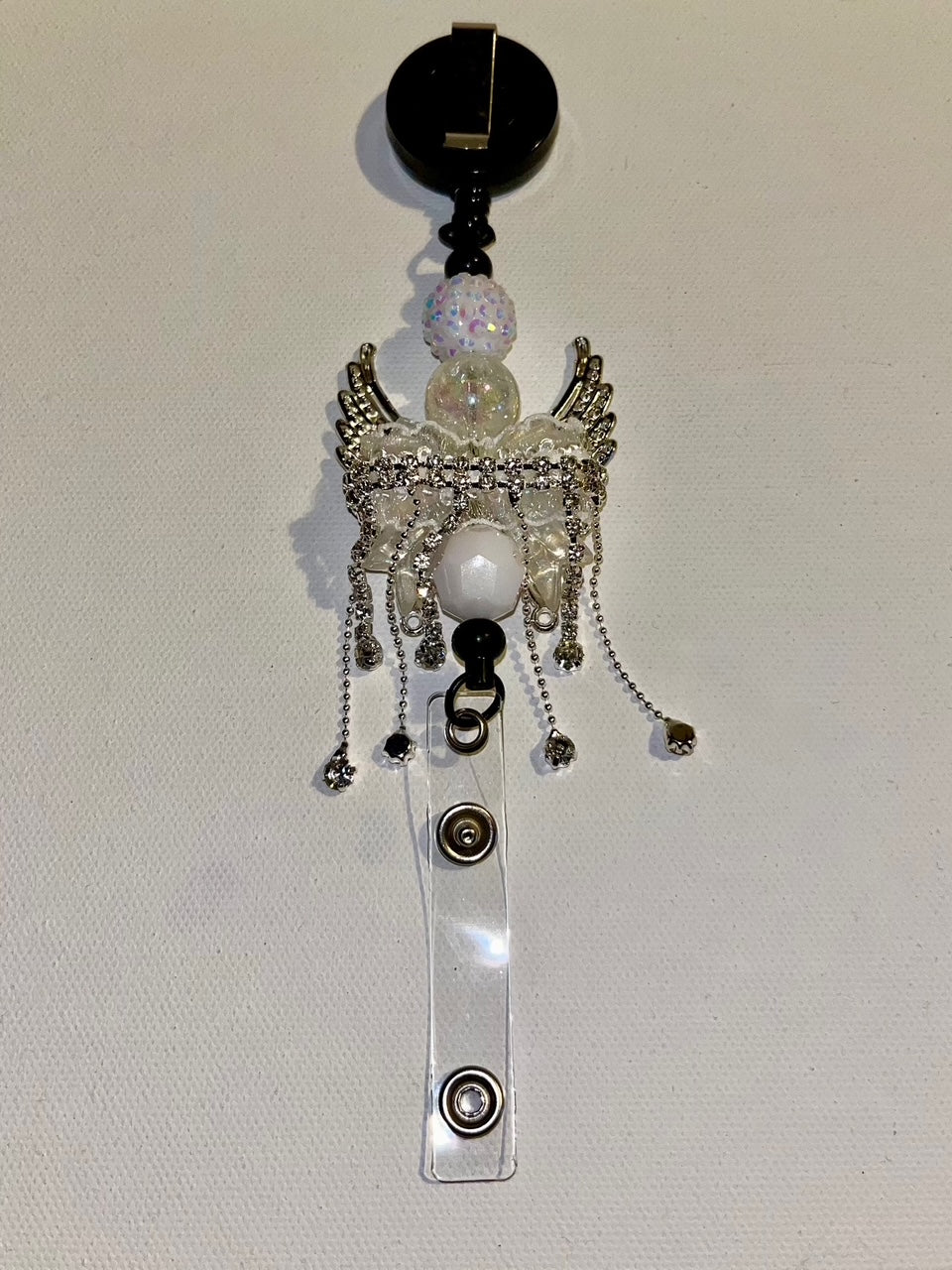Iridescent Crystal Angel Wing Badge Reel w/White Bead Accents-Faceted, Pavé, Etc