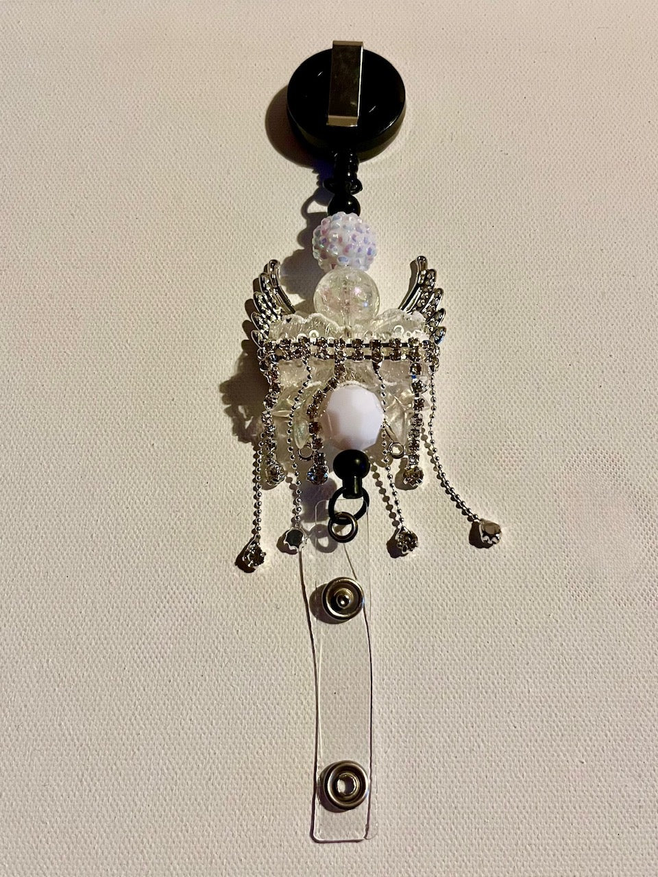 Iridescent Crystal Angel Wing Badge Reel w/White Bead Accents-Faceted, Pavé, Etc