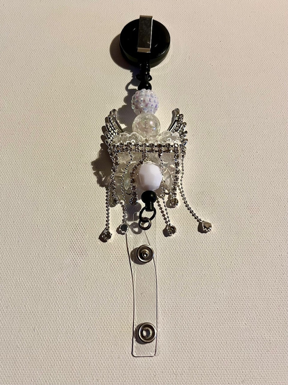 Iridescent Crystal Angel Wing Badge Reel w/White Bead Accents-Faceted, Pavé, Etc