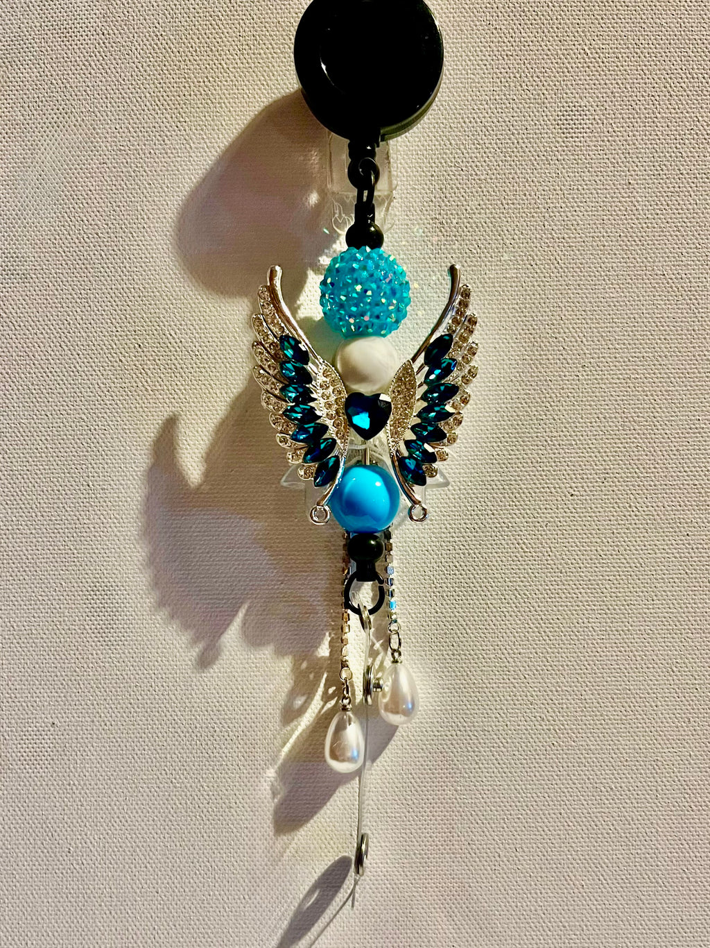 Turquoise & Silver Angel Wing Badge Reel w/Iridescent Clear/Aqua Crystal Accents