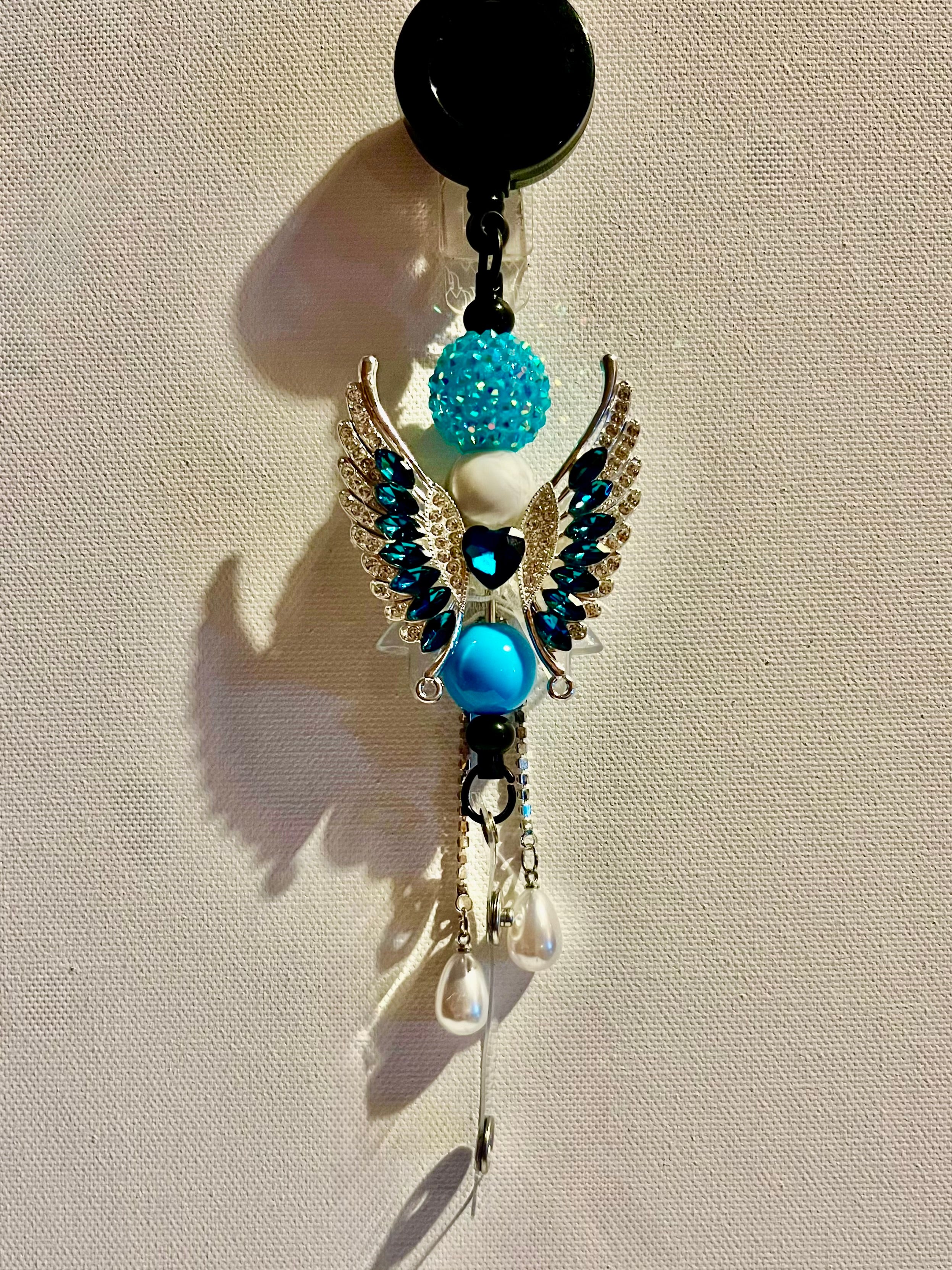 Turquoise & Silver Angel Wing Badge Reel w/Iridescent Clear/Aqua Crystal Accents