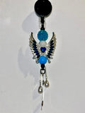 Turquoise & Silver Angel Wing Badge Reel w/Iridescent Clear/Aqua Crystal Accents