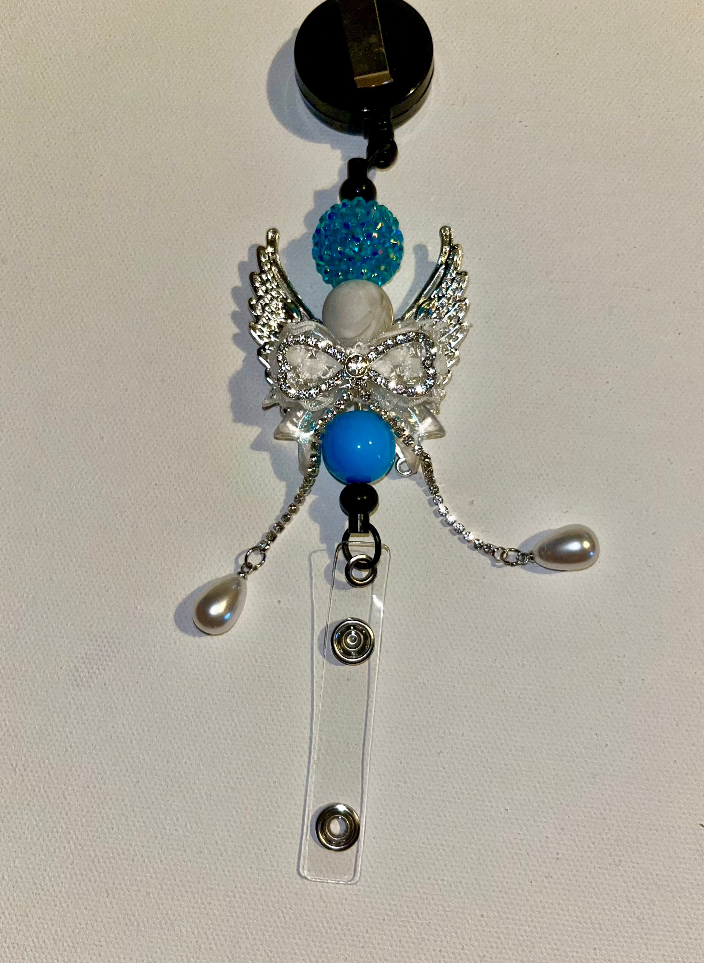 Turquoise & Silver Angel Wing Badge Reel w/Iridescent Clear/Aqua Crystal Accents