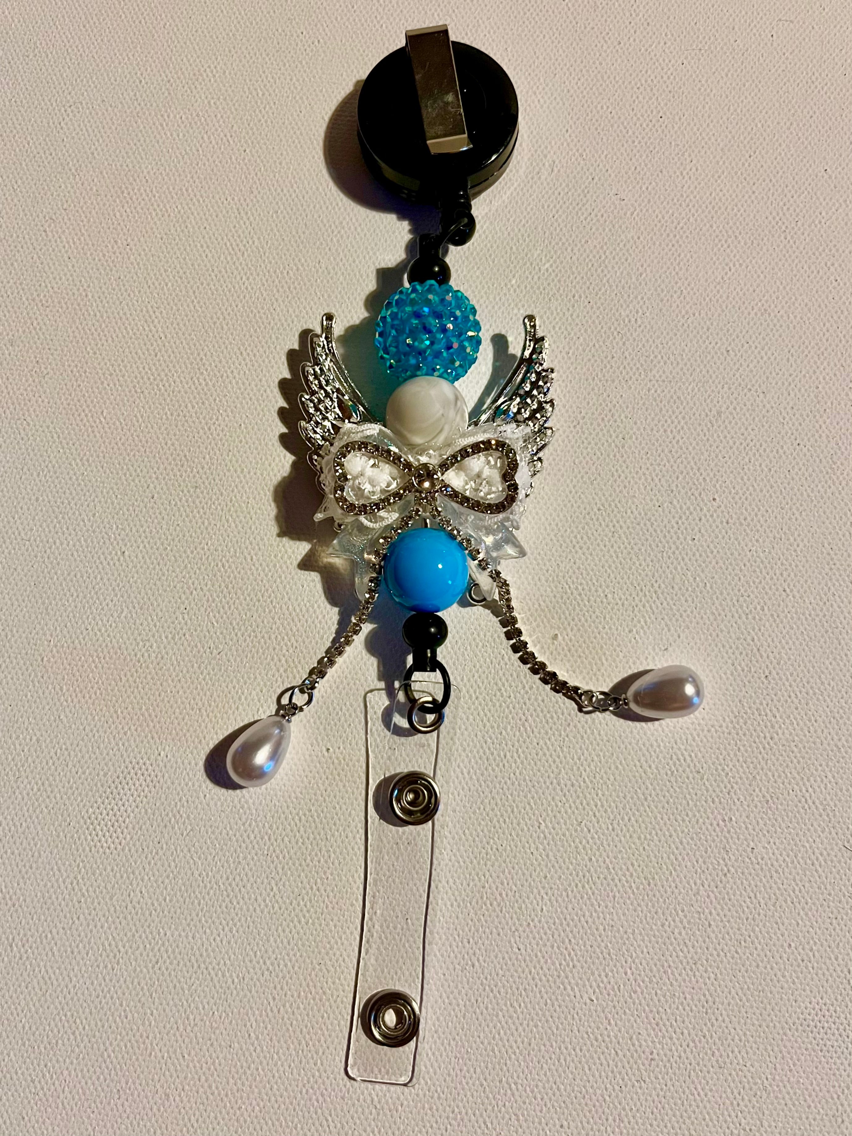 Turquoise & Silver Angel Wing Badge Reel w/Iridescent Clear/Aqua Crystal Accents
