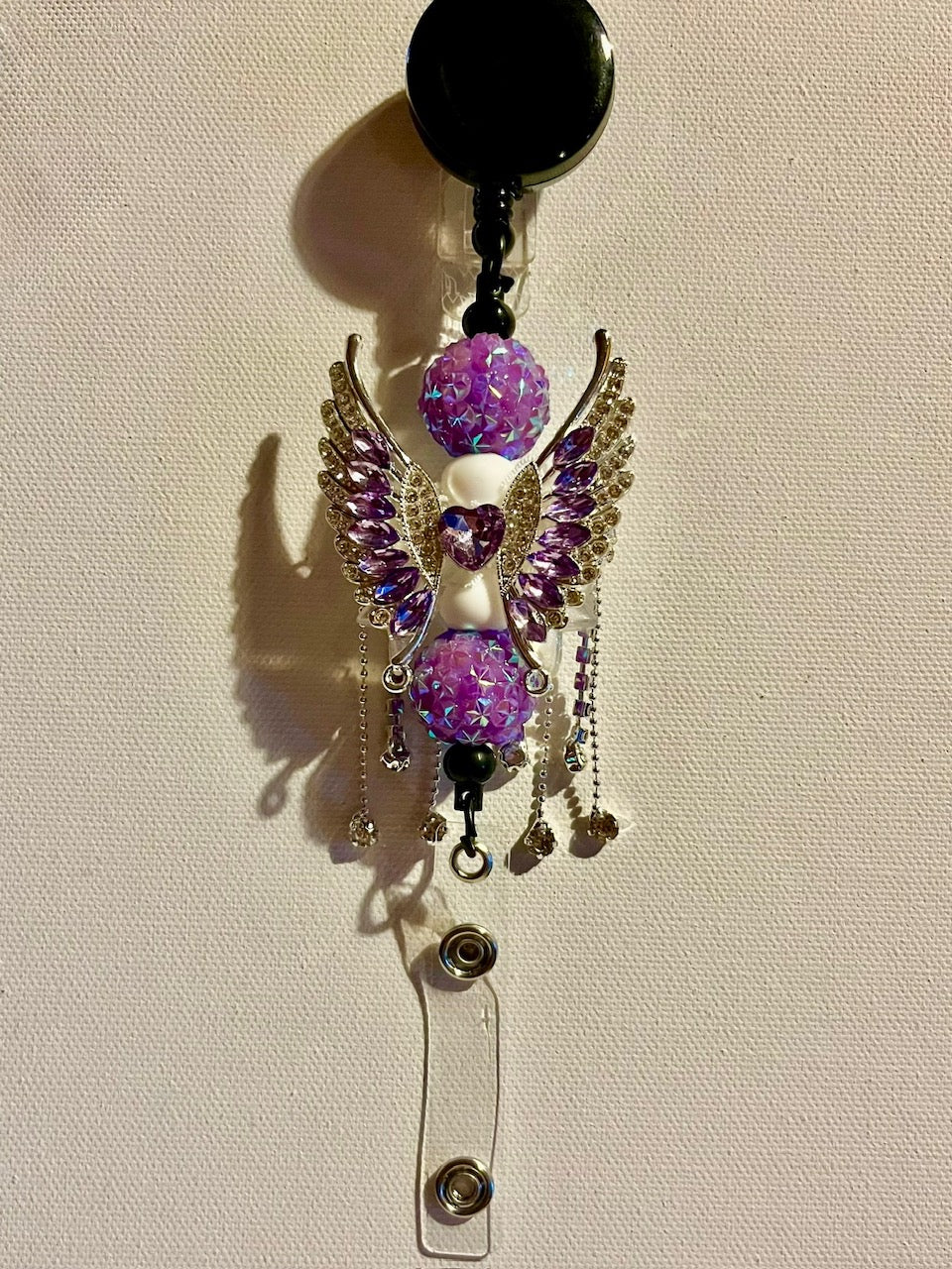 Purple & White Crystal Wing Badge Reel/Card Holder w/Iridescent Purple Pavé Bead