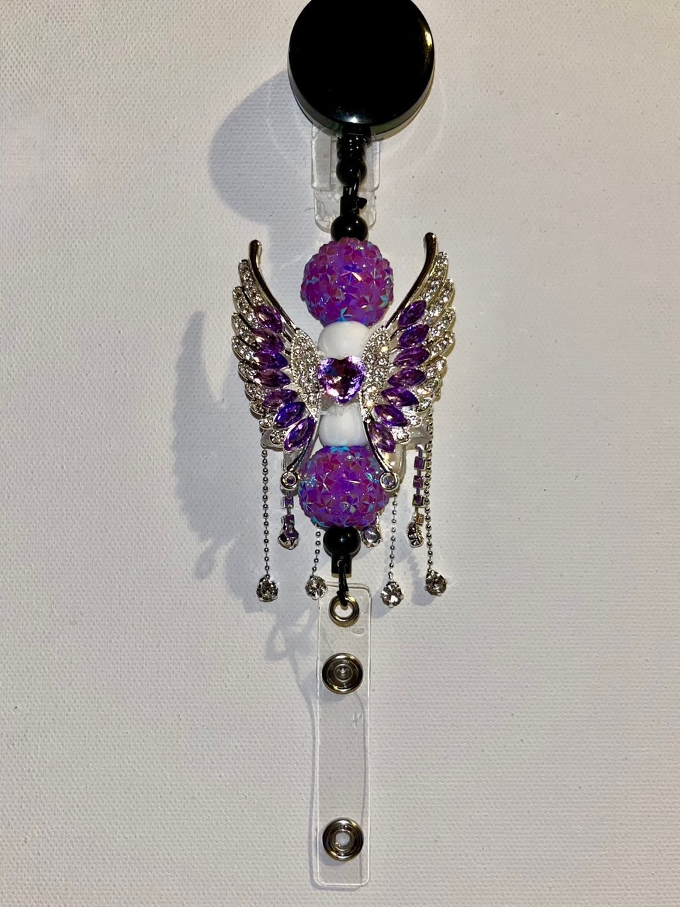 Purple & White Crystal Wing Badge Reel/Card Holder w/Iridescent Purple Pavé Bead