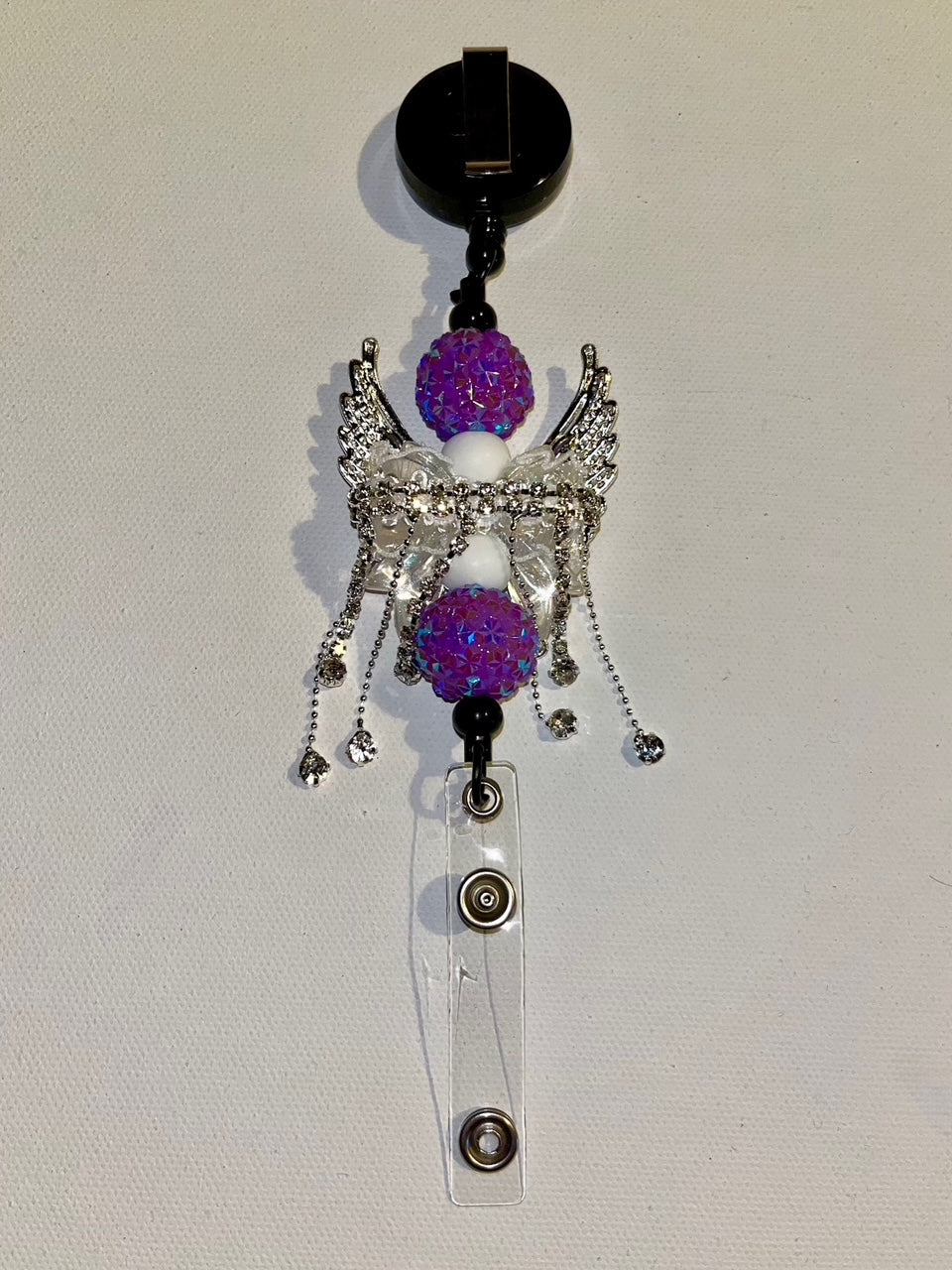 Purple & White Crystal Wing Badge Reel/Card Holder w/Iridescent Purple Pavé Bead