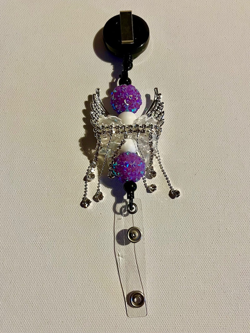 Purple & White Crystal Wing Badge Reel/Card Holder w/Iridescent Purple Pavé Bead