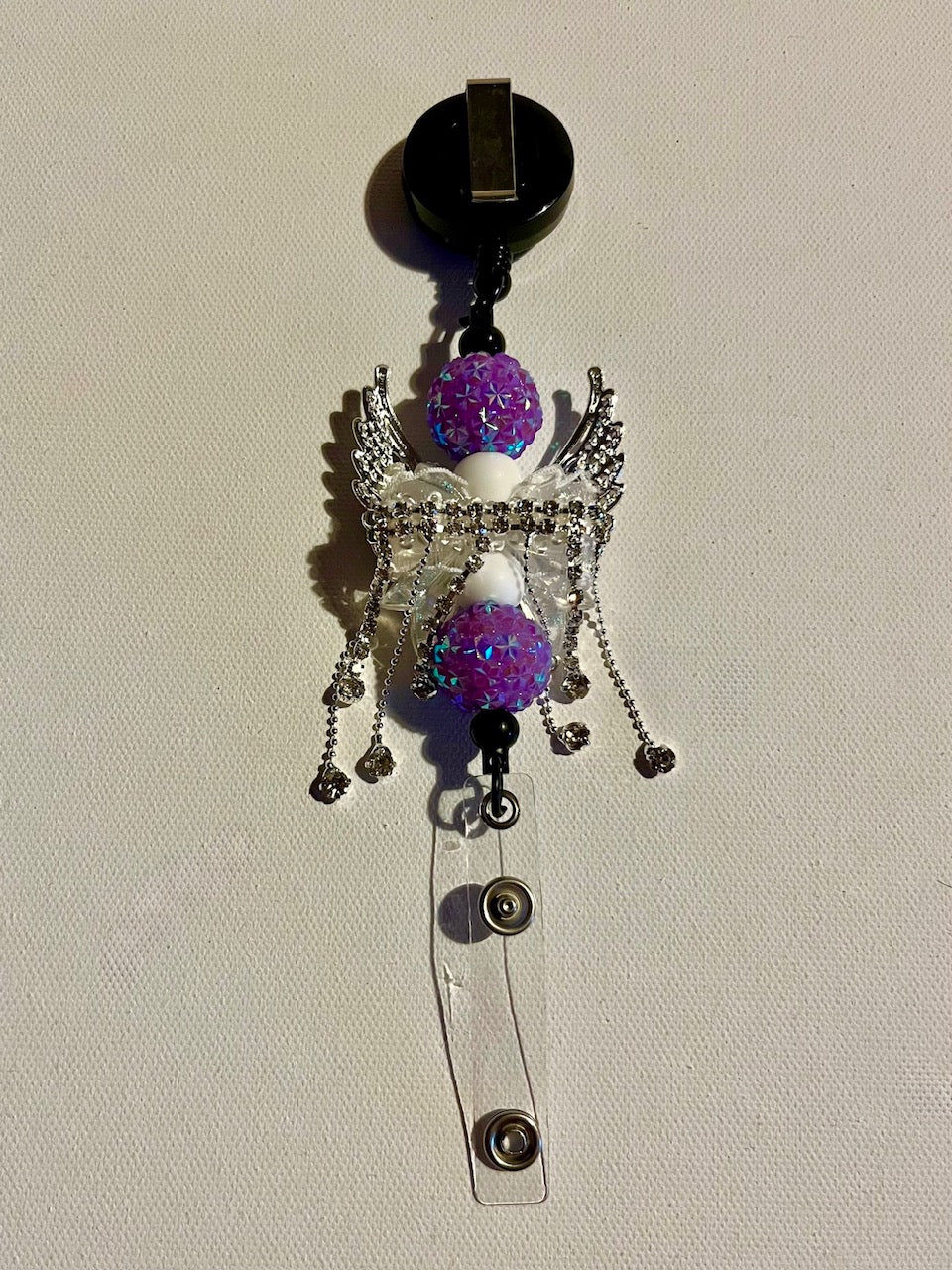 Purple & White Crystal Wing Badge Reel/Card Holder w/Iridescent Purple Pavé Bead