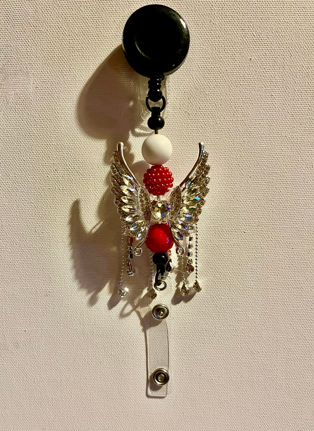 Elegant Red & White Crystal-Accented Angel Wing Badge Reel/Card Holder