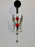 Red & White Angel Wing Badge Reel with Crystal Accents
