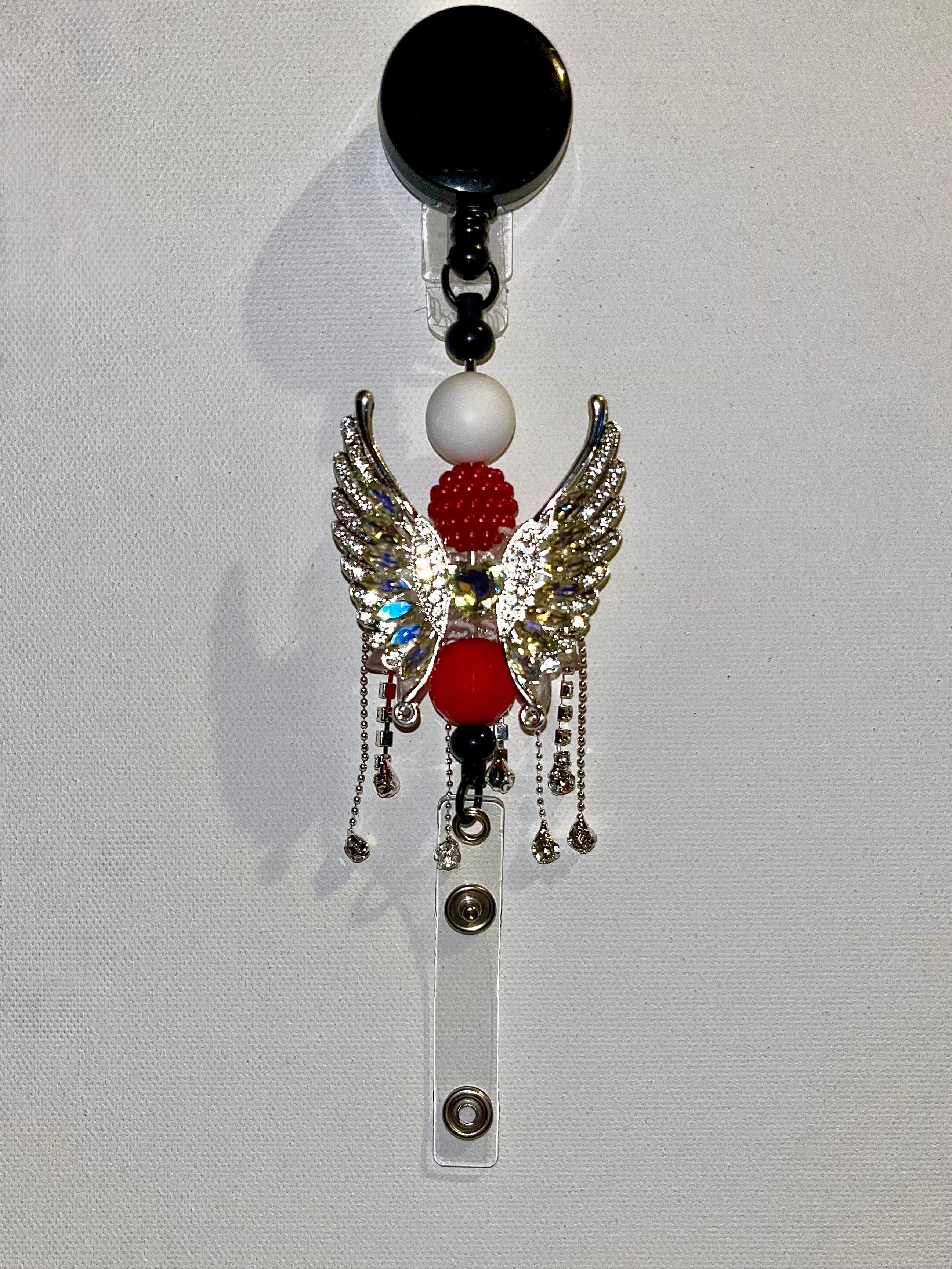Red & White Angel Wing Badge Reel with Crystal Accents