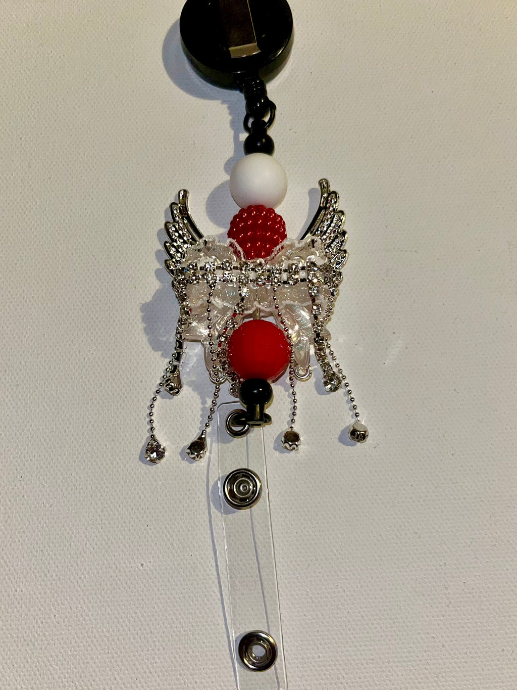 Red & White Angel Wing Badge Reel with Crystal Accents