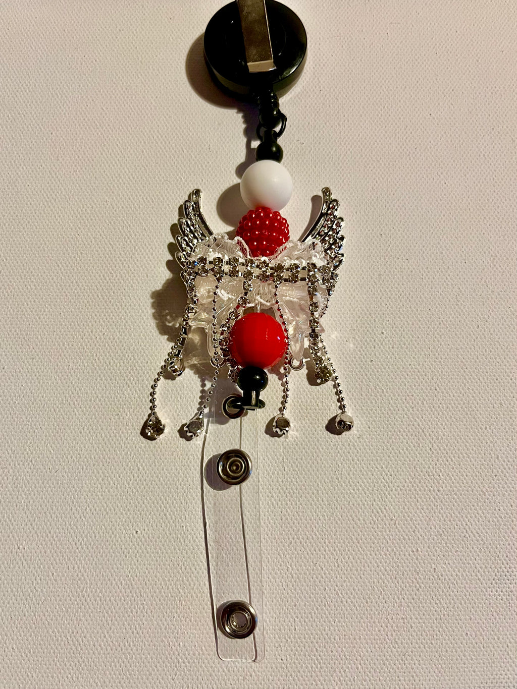 Red & White Angel Wing Badge Reel with Crystal Accents