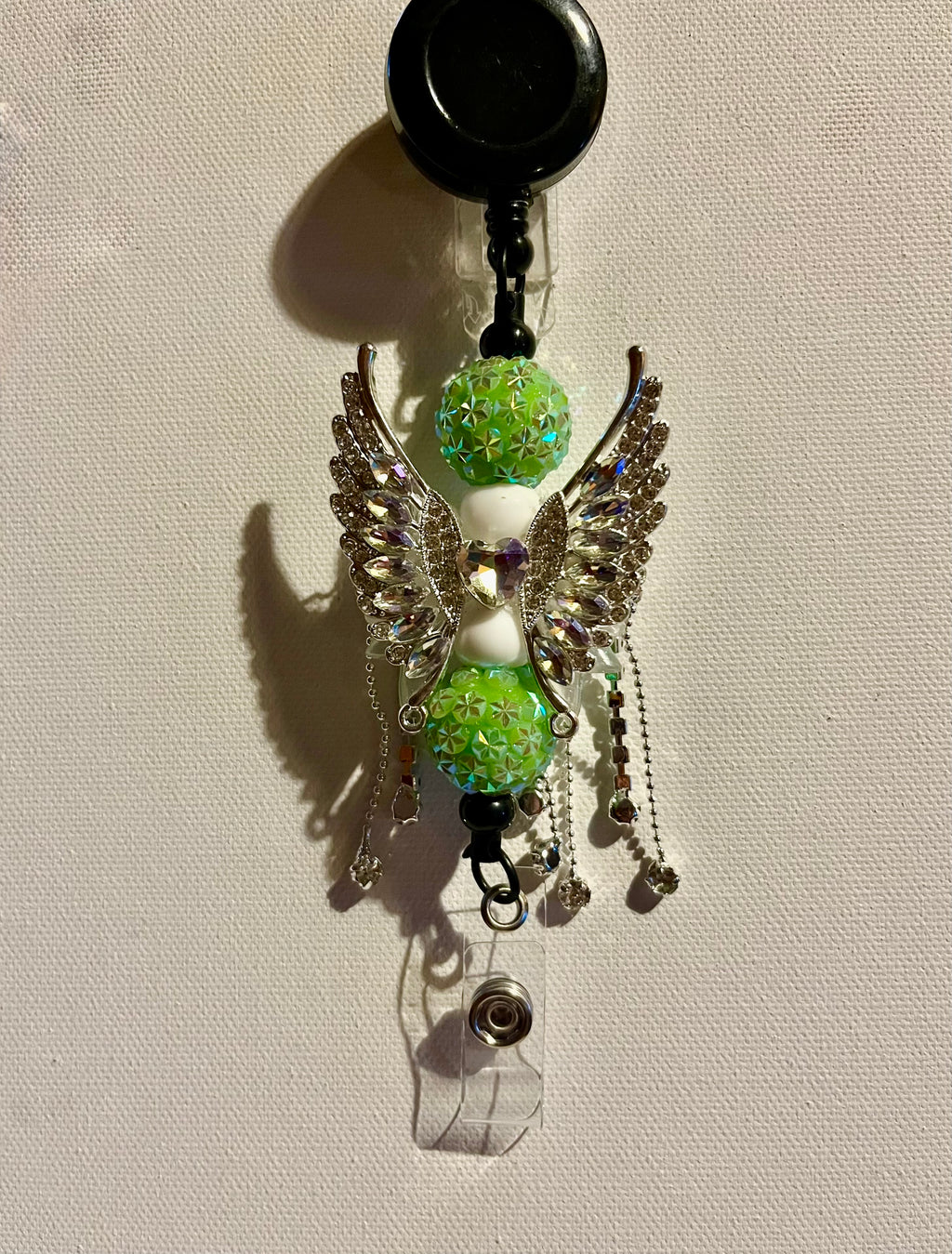 Decorative Green Angel Wings Badge Reel Key& Card Holder w/Iridescent Accents