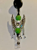 Decorative Green Angel Wings Badge Reel Key& Card Holder w/Iridescent Accents