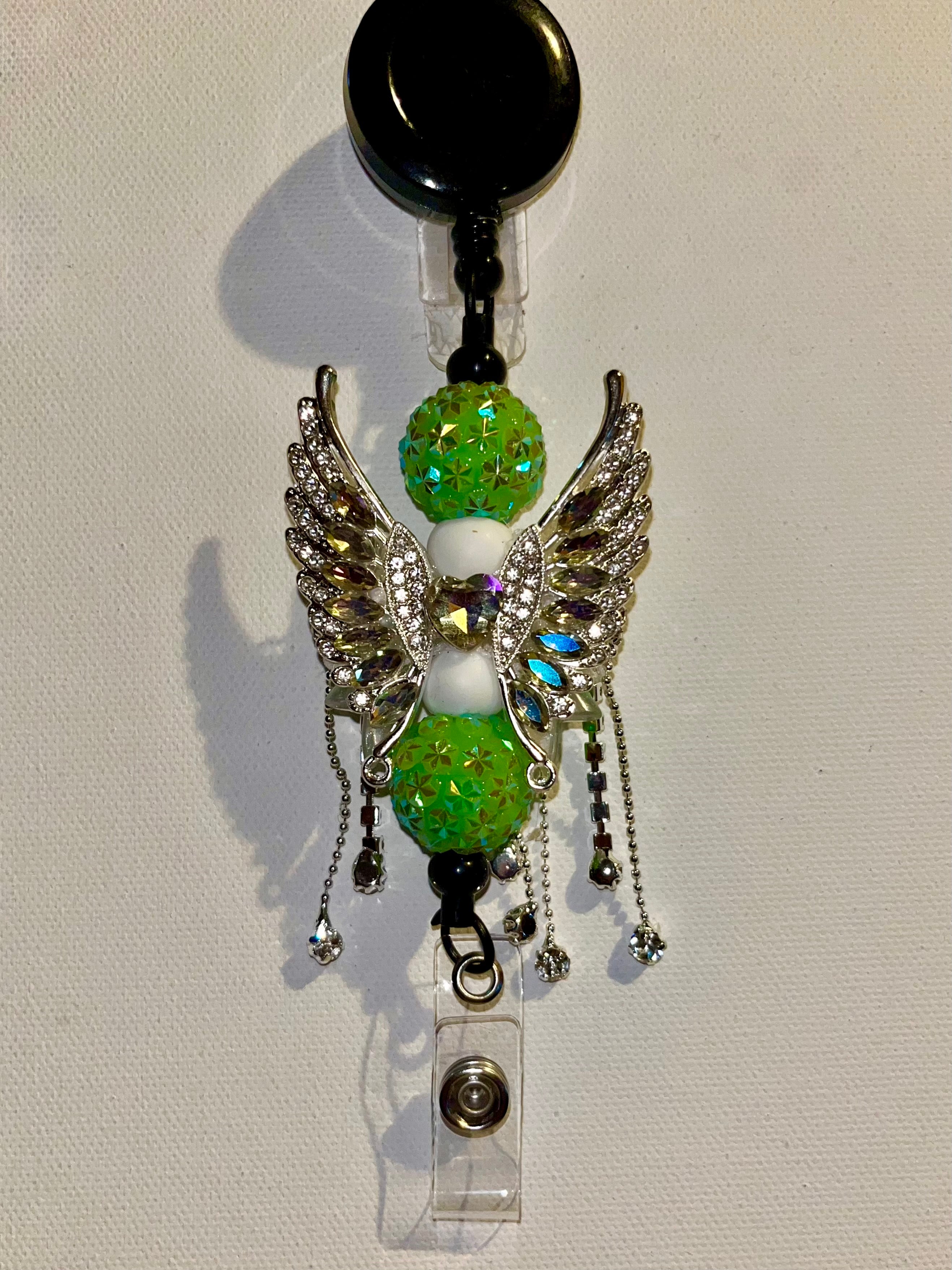 Decorative Green Angel Wings Badge Reel Key& Card Holder w/Iridescent Accents