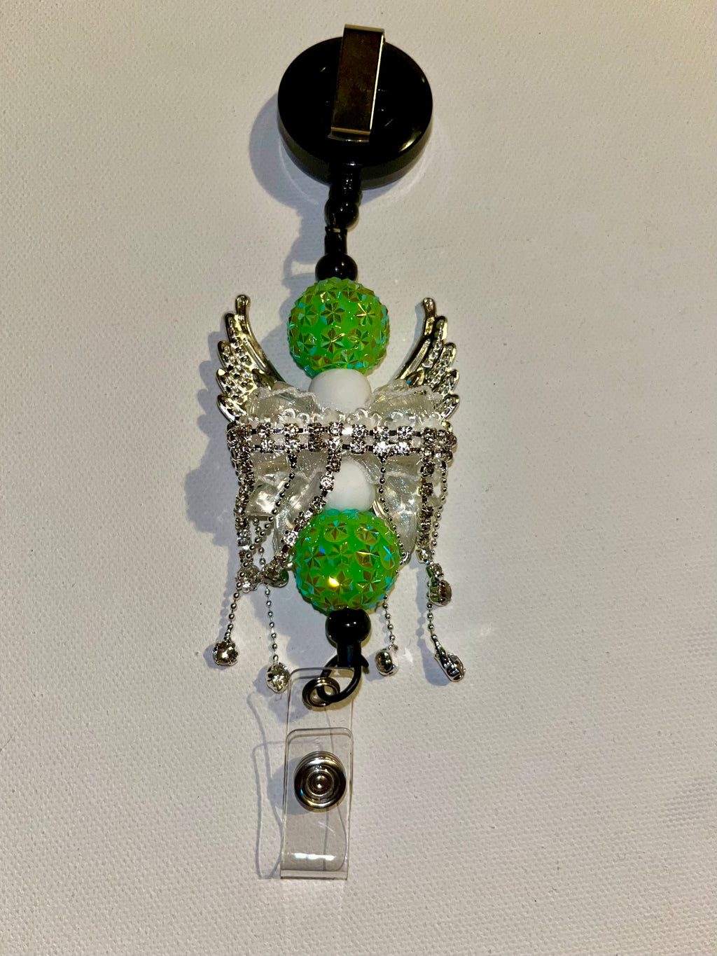 Decorative Green Angel Wings Badge Reel Key& Card Holder w/Iridescent Accents