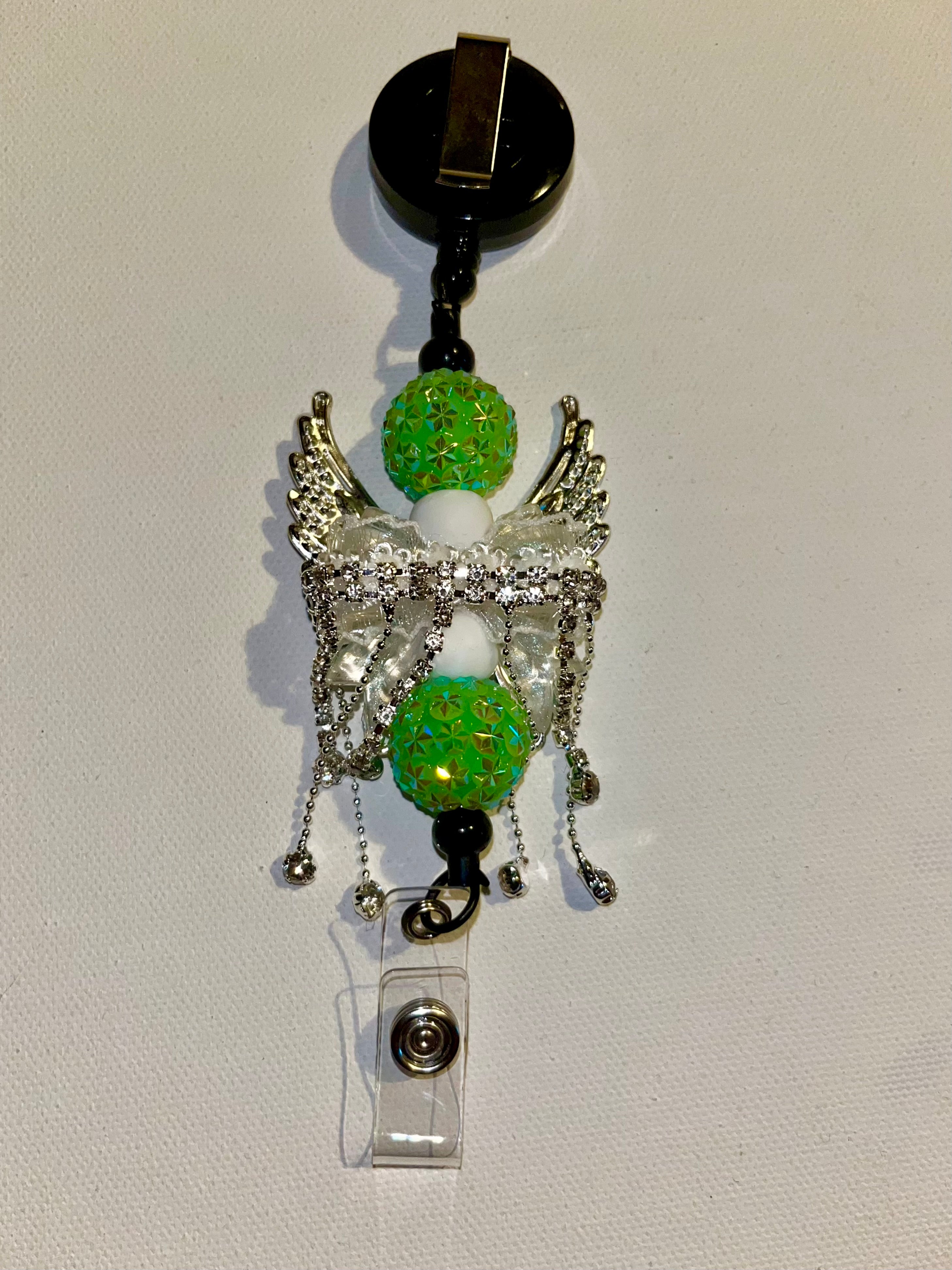 Decorative Green Angel Wings Badge Reel Key& Card Holder w/Iridescent Accents
