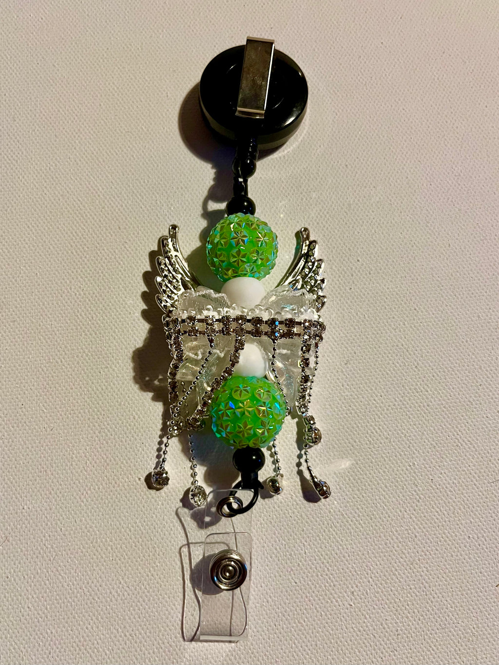 Decorative Green Angel Wings Badge Reel Key& Card Holder w/Iridescent Accents