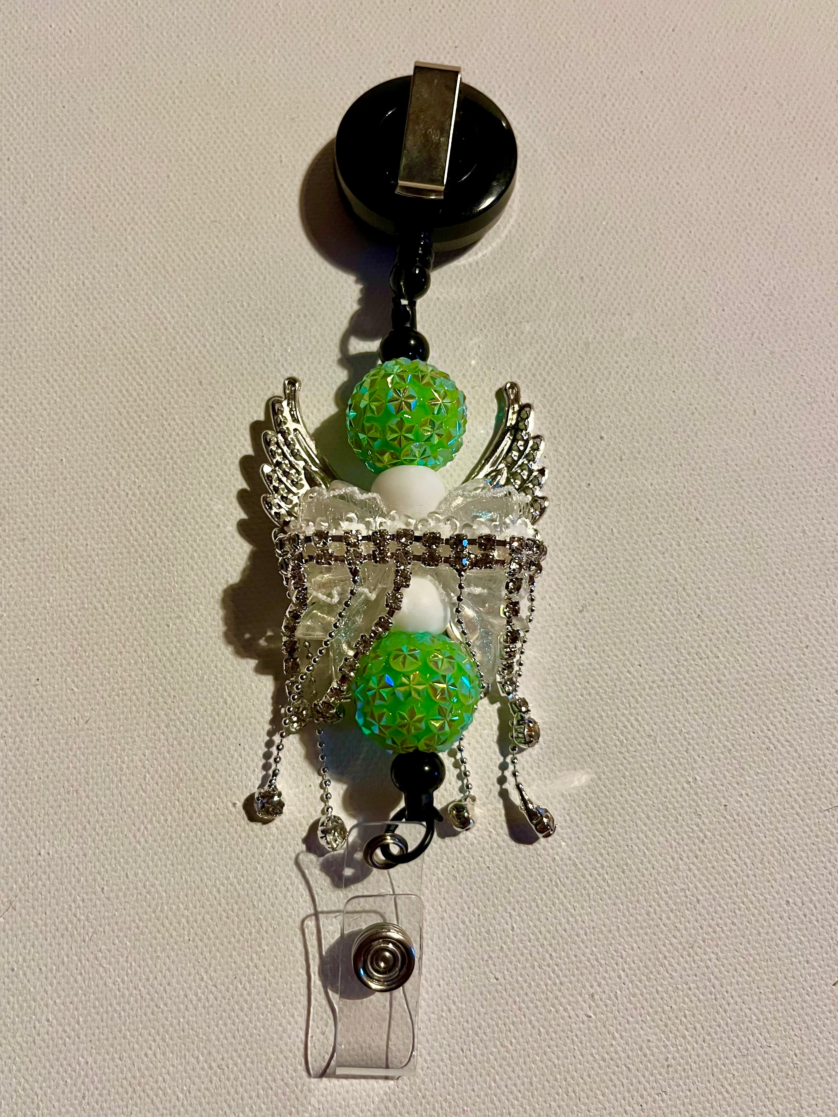 Decorative Green Angel Wings Badge Reel Key& Card Holder w/Iridescent Accents