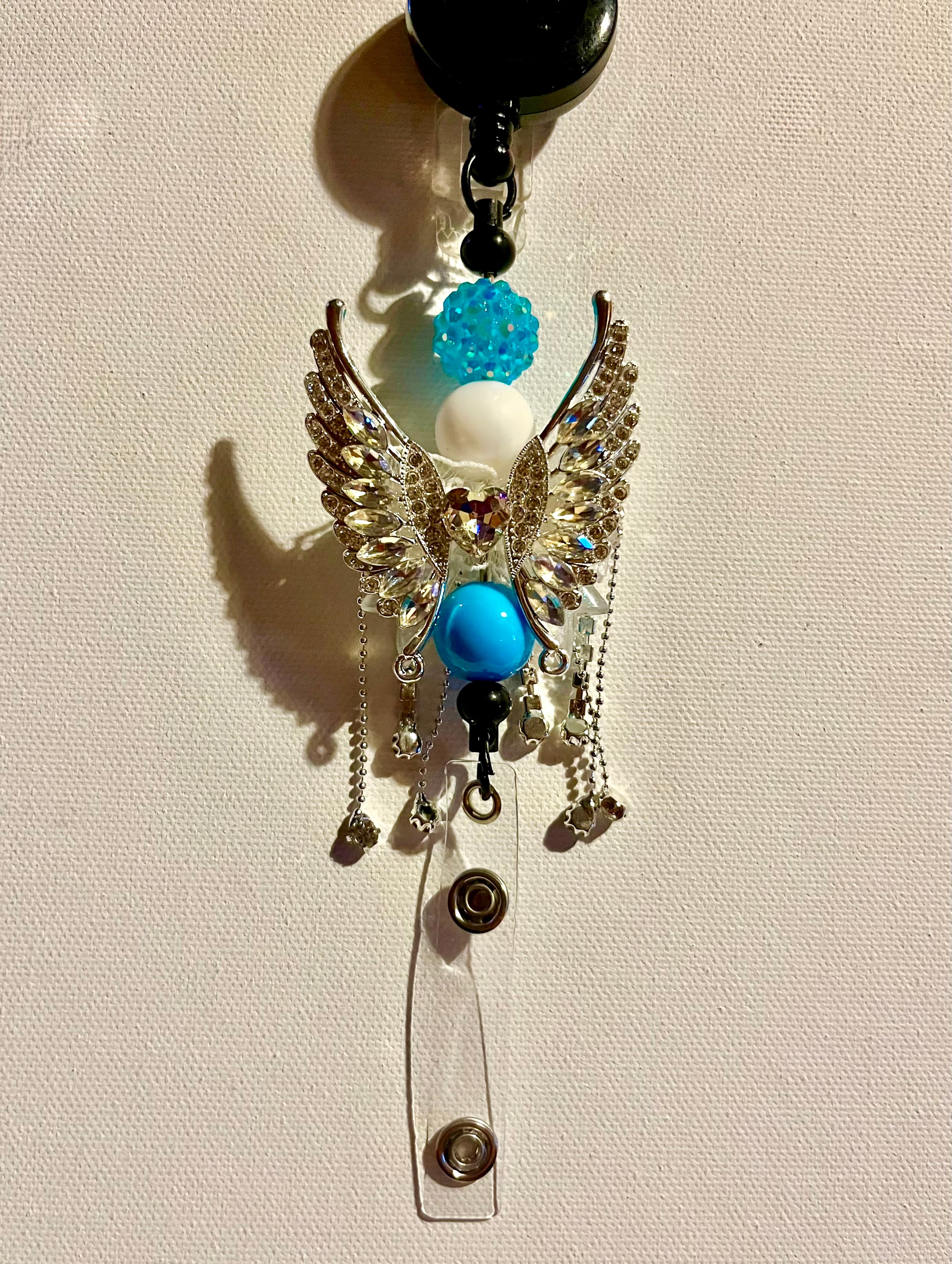 Turquoise & Silver Angel Wing Badge Reel w/Iridescent Clear/Aqua Crystal Accents