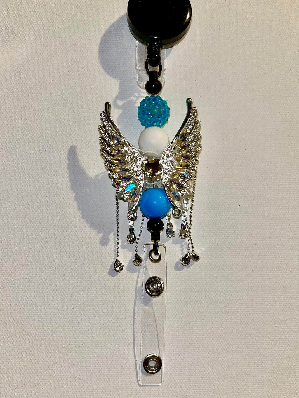 Turquoise & Silver Angel Wing Badge Reel w/Iridescent Clear/Aqua Crystal Accents