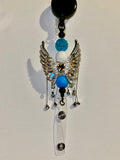 Turquoise & Silver Angel Wing Badge Reel w/Iridescent Clear/Aqua Crystal Accents