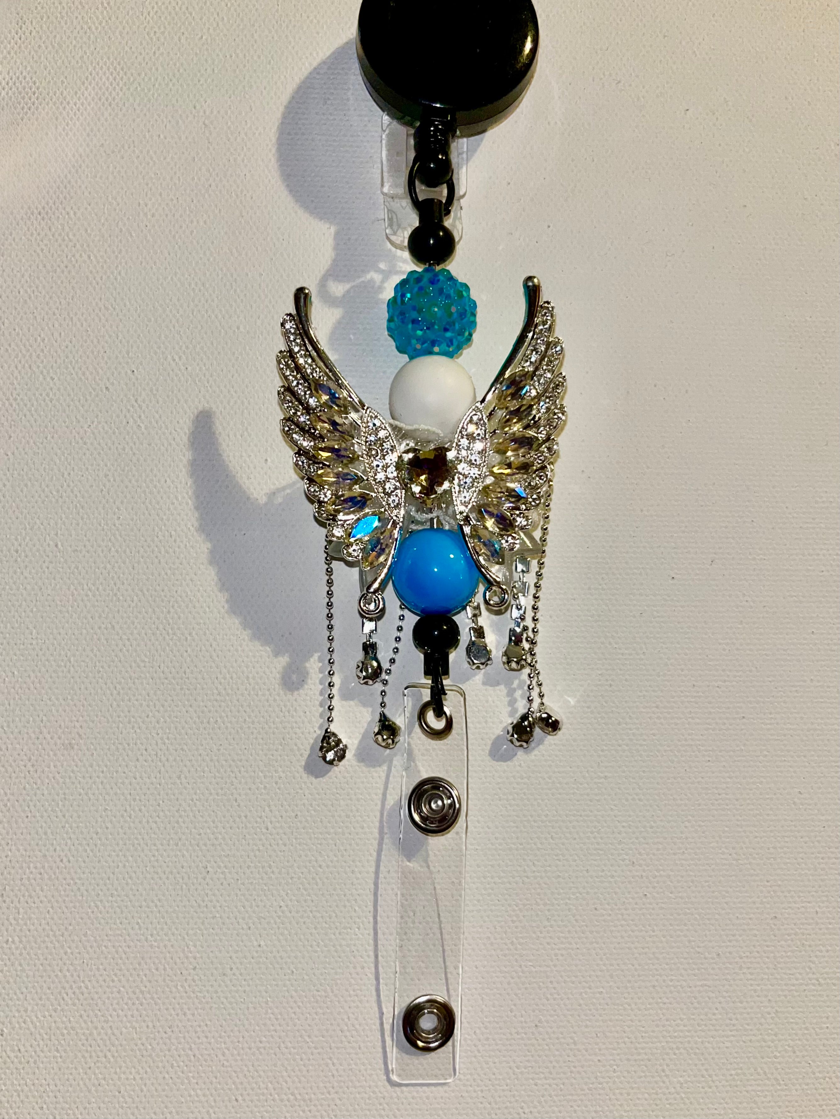Turquoise & Silver Angel Wing Badge Reel w/Iridescent Clear/Aqua Crystal Accents