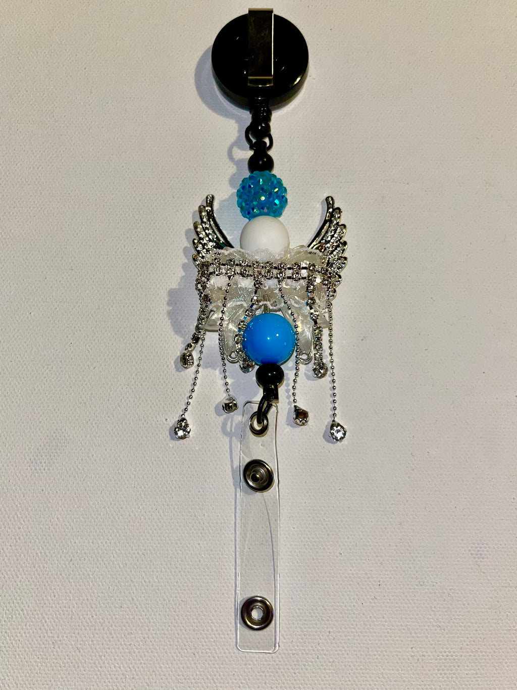 Turquoise & Silver Angel Wing Badge Reel w/Iridescent Clear/Aqua Crystal Accents