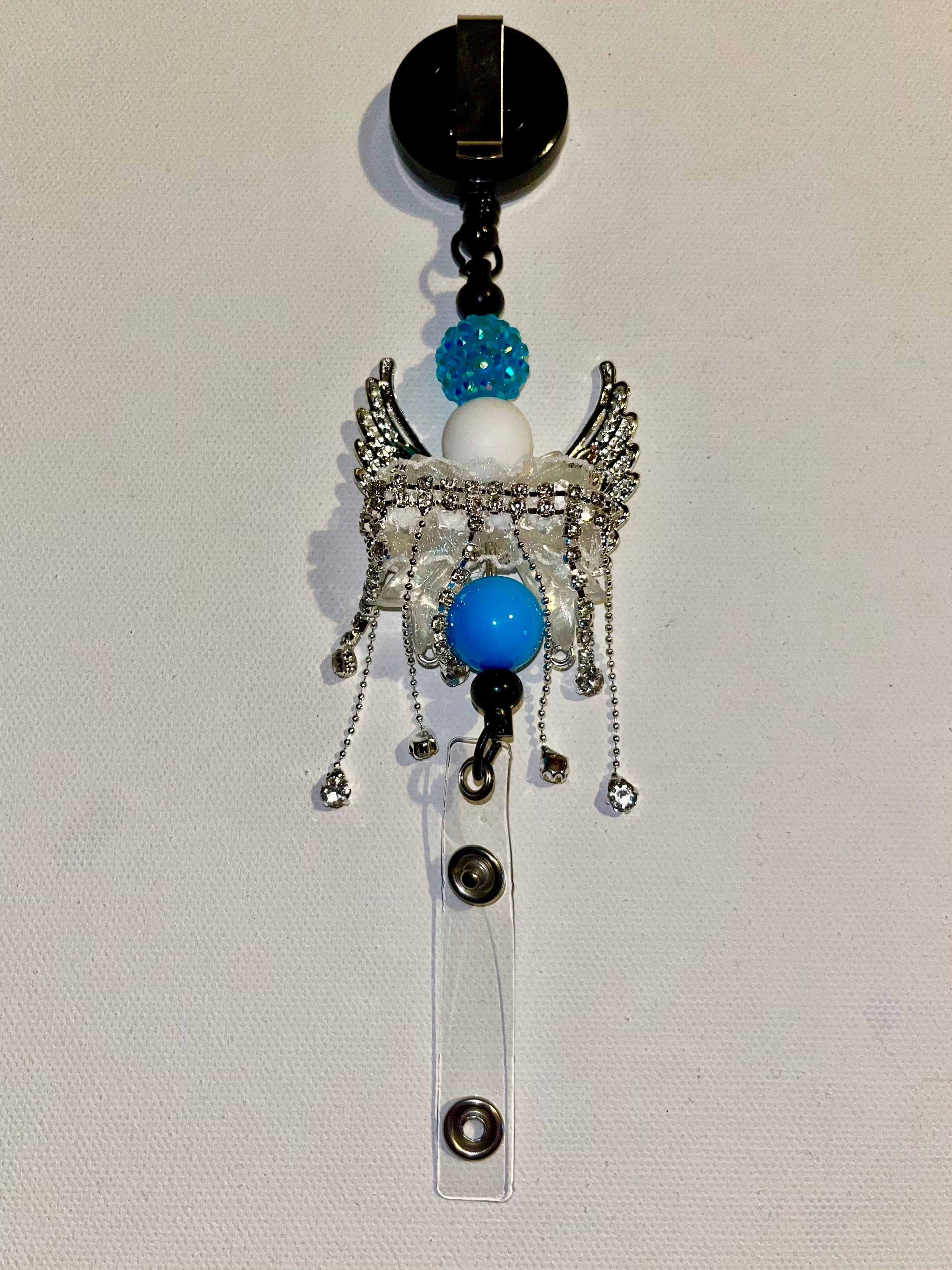 Turquoise & Silver Angel Wing Badge Reel w/Iridescent Clear/Aqua Crystal Accents