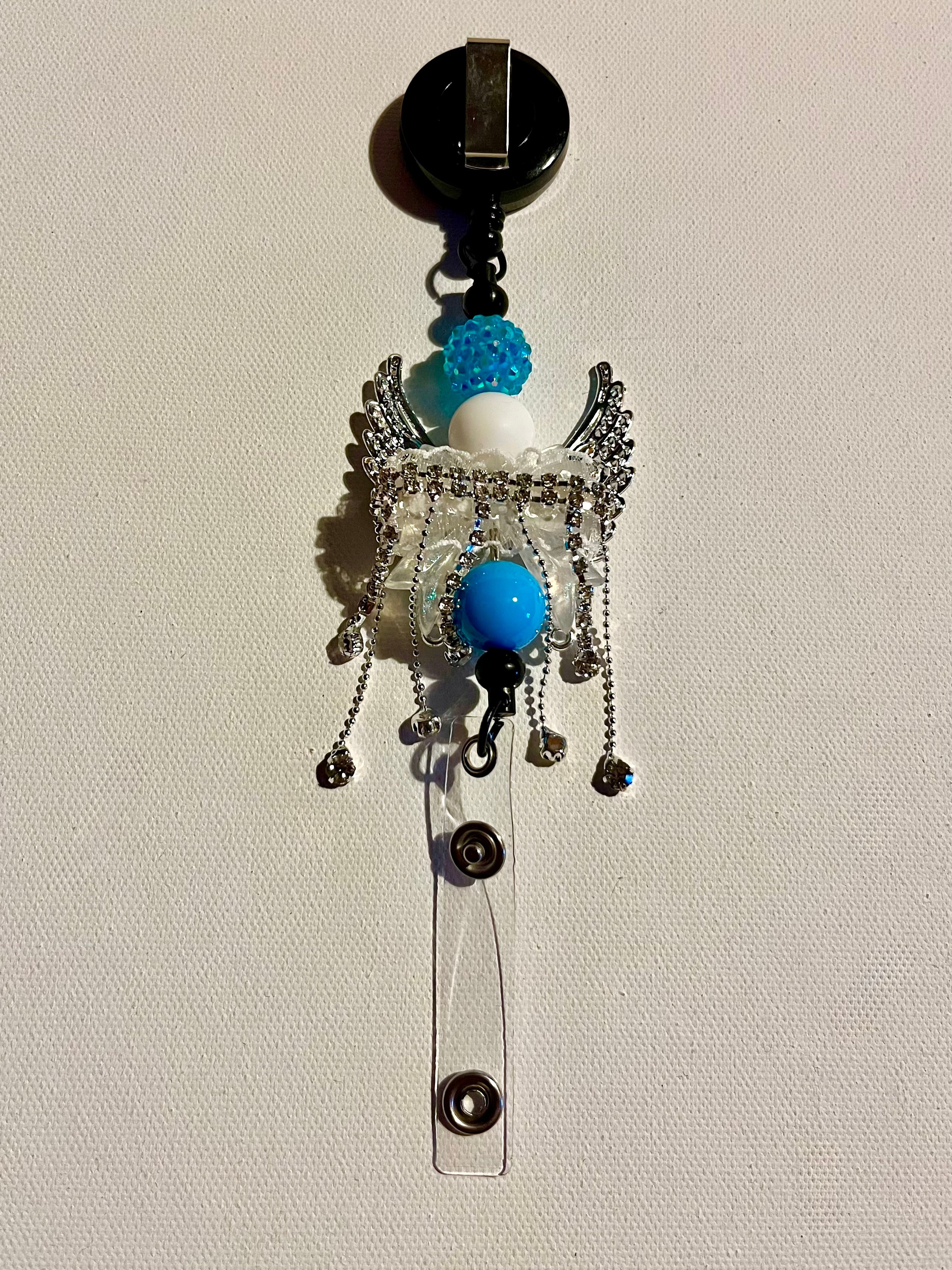 Turquoise & Silver Angel Wing Badge Reel w/Iridescent Clear/Aqua Crystal Accents