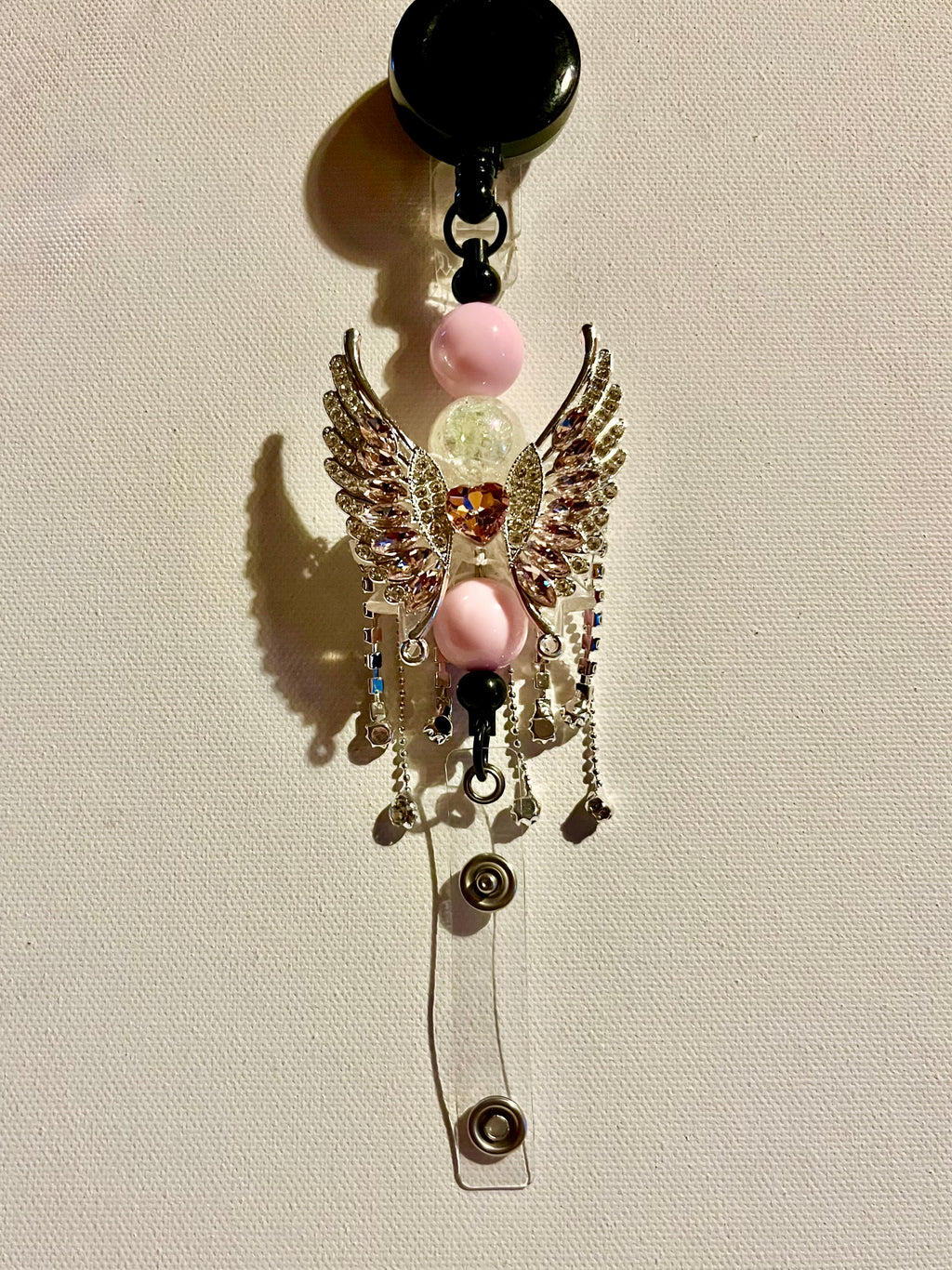 Pink Angel Wing Badge Reel w/Lt. Pink & Iridescent Cracked Bead & Crystal Accent