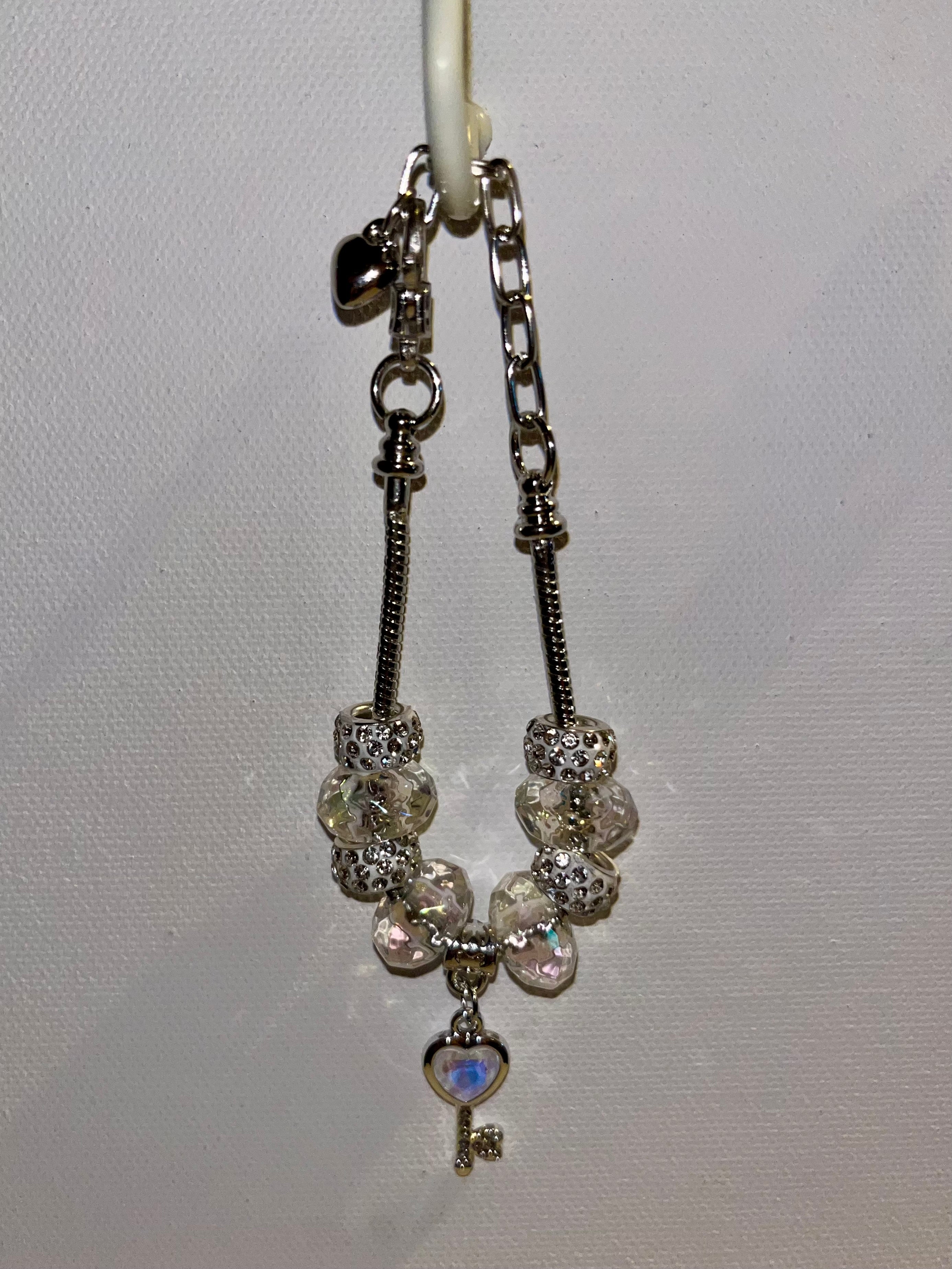 Sparkly Iridescent Charm Bracelet w/Heart Key Charm & Rhinestone & Glass Accents