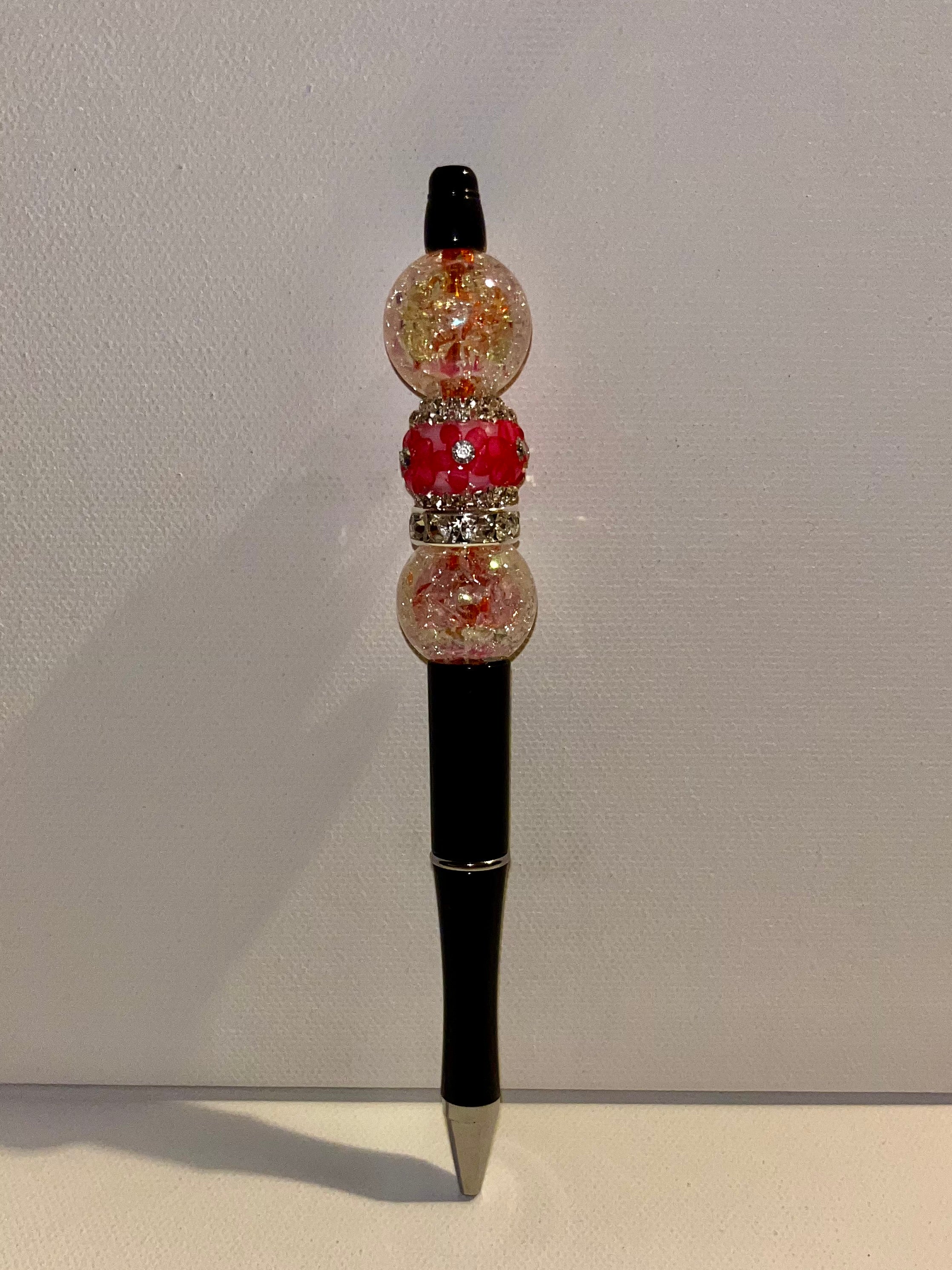 Black Decorative Beaded Ballpoint Pen w/Pink Accent Flower & Rhinestone Accents