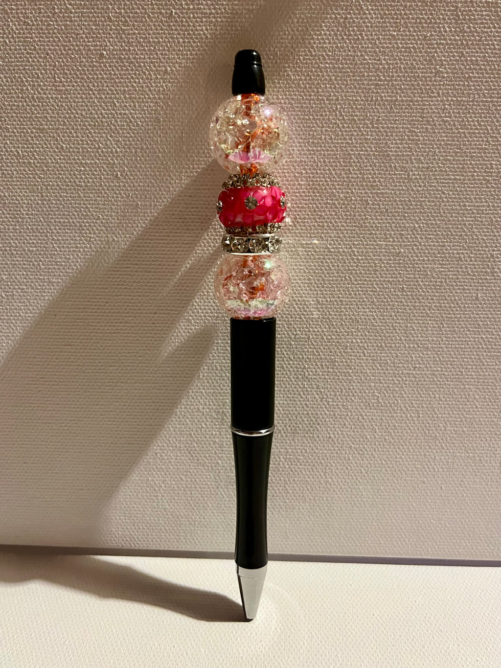 Black Decorative Beaded Ballpoint Pen w/Pink Accent Flower & Rhinestone Accents