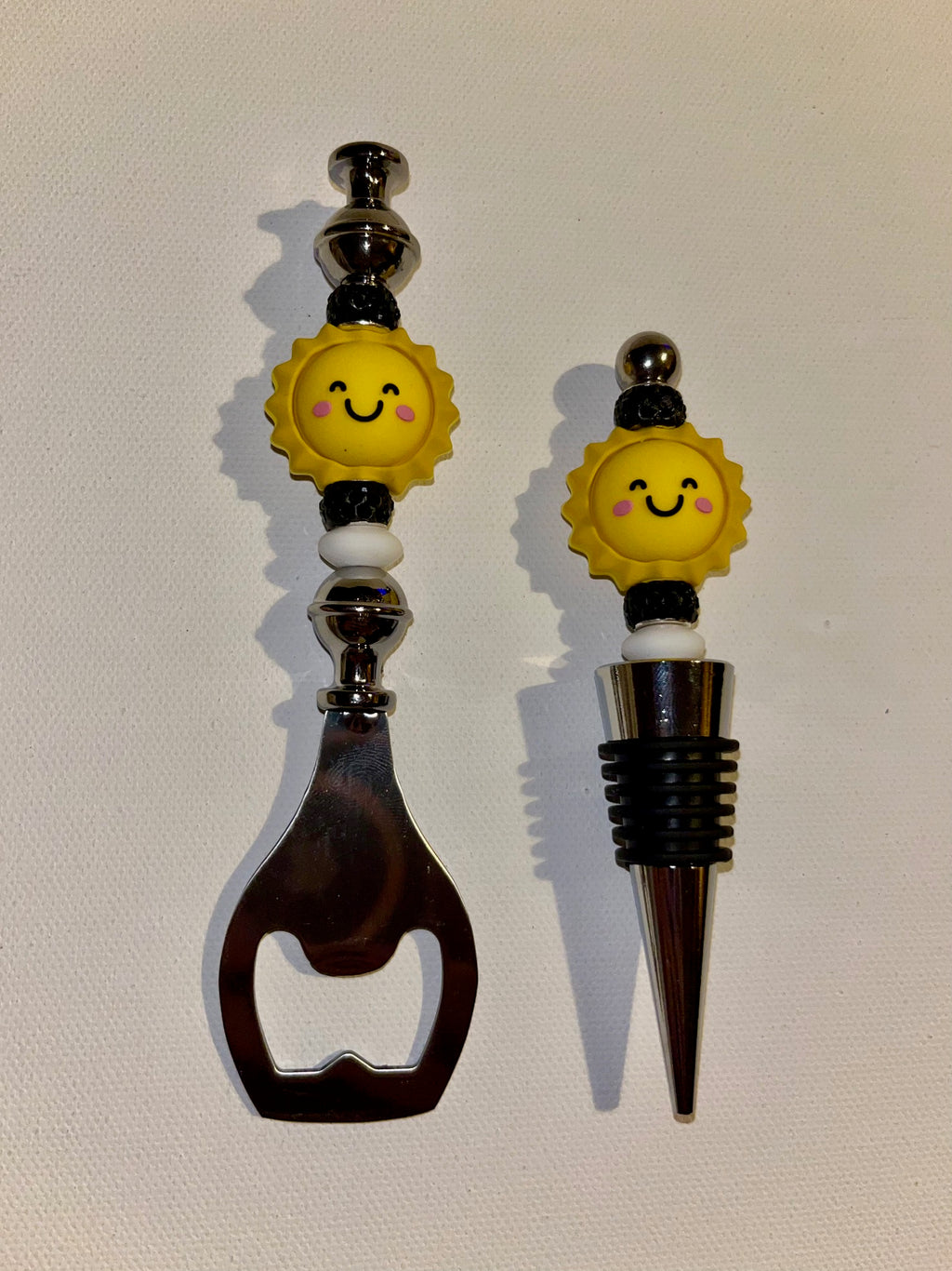 Black & White Smiley Sunshine Bottle Opener & Wine Stopper Set