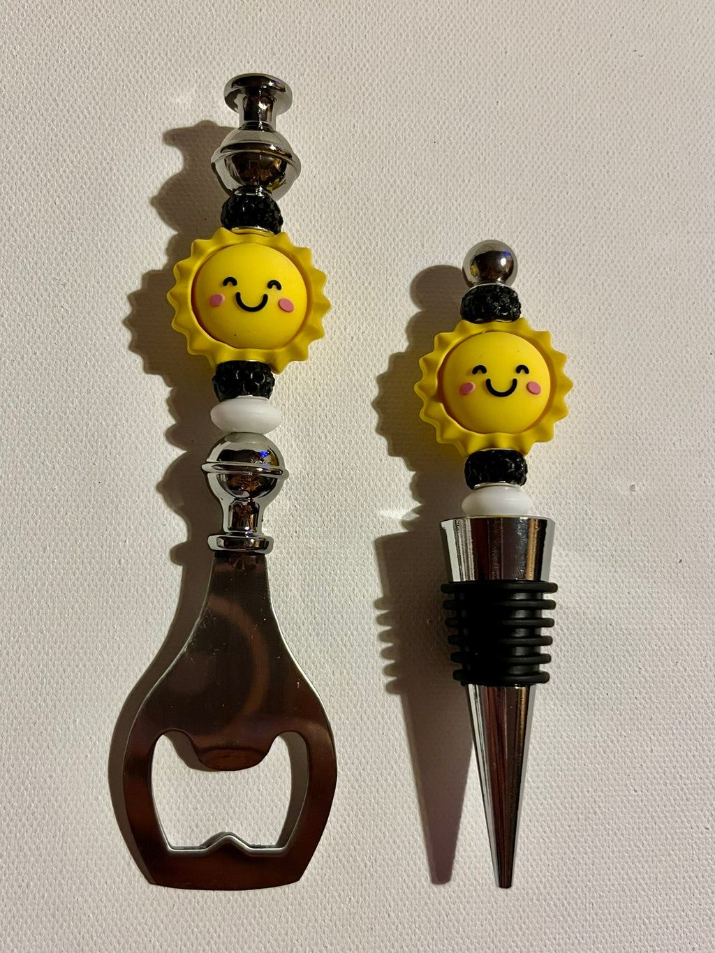 Black & White Smiley Sunshine Bottle Opener & Wine Stopper Set