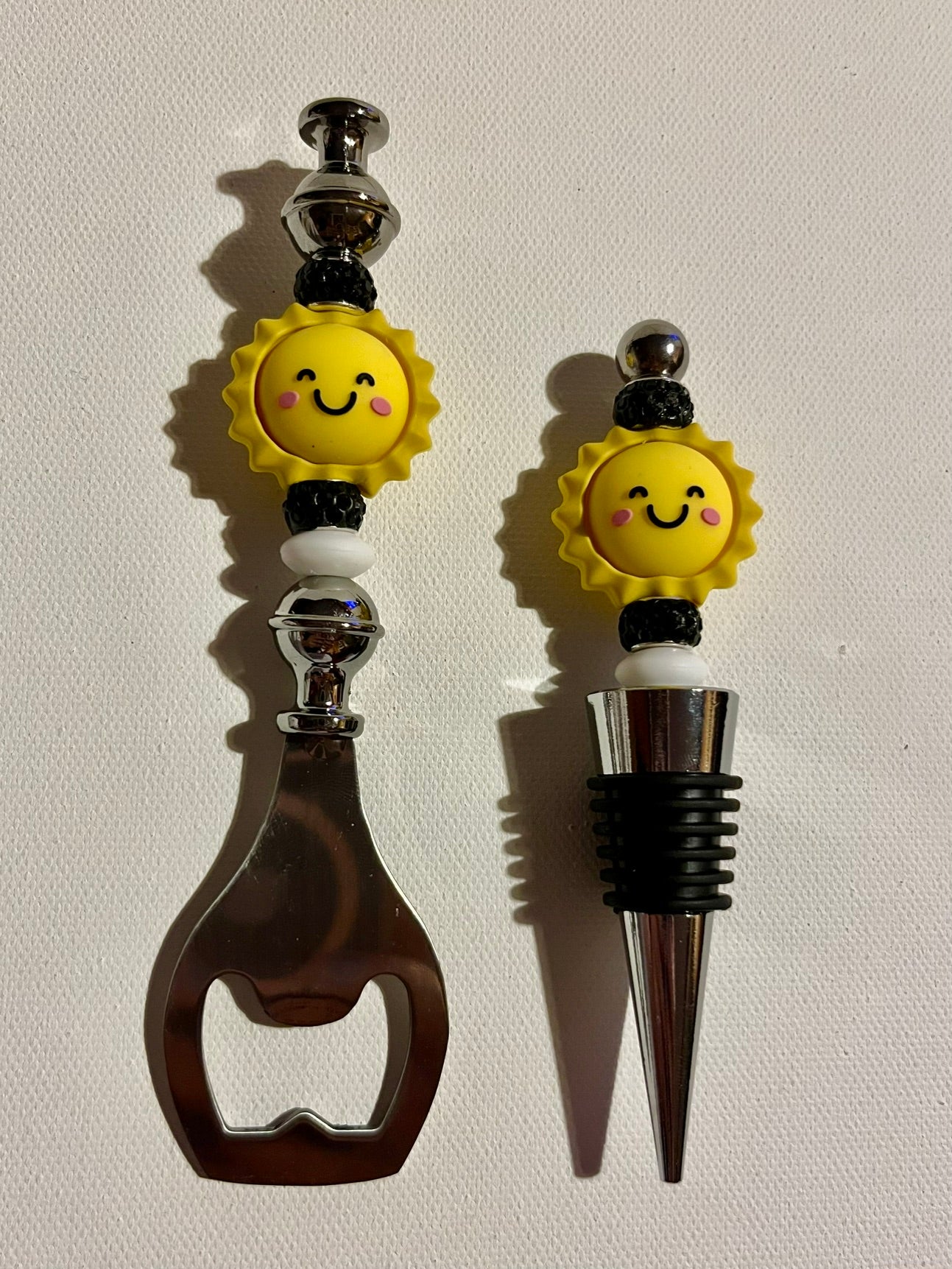 Black & White Smiley Sunshine Bottle Opener & Wine Stopper Set