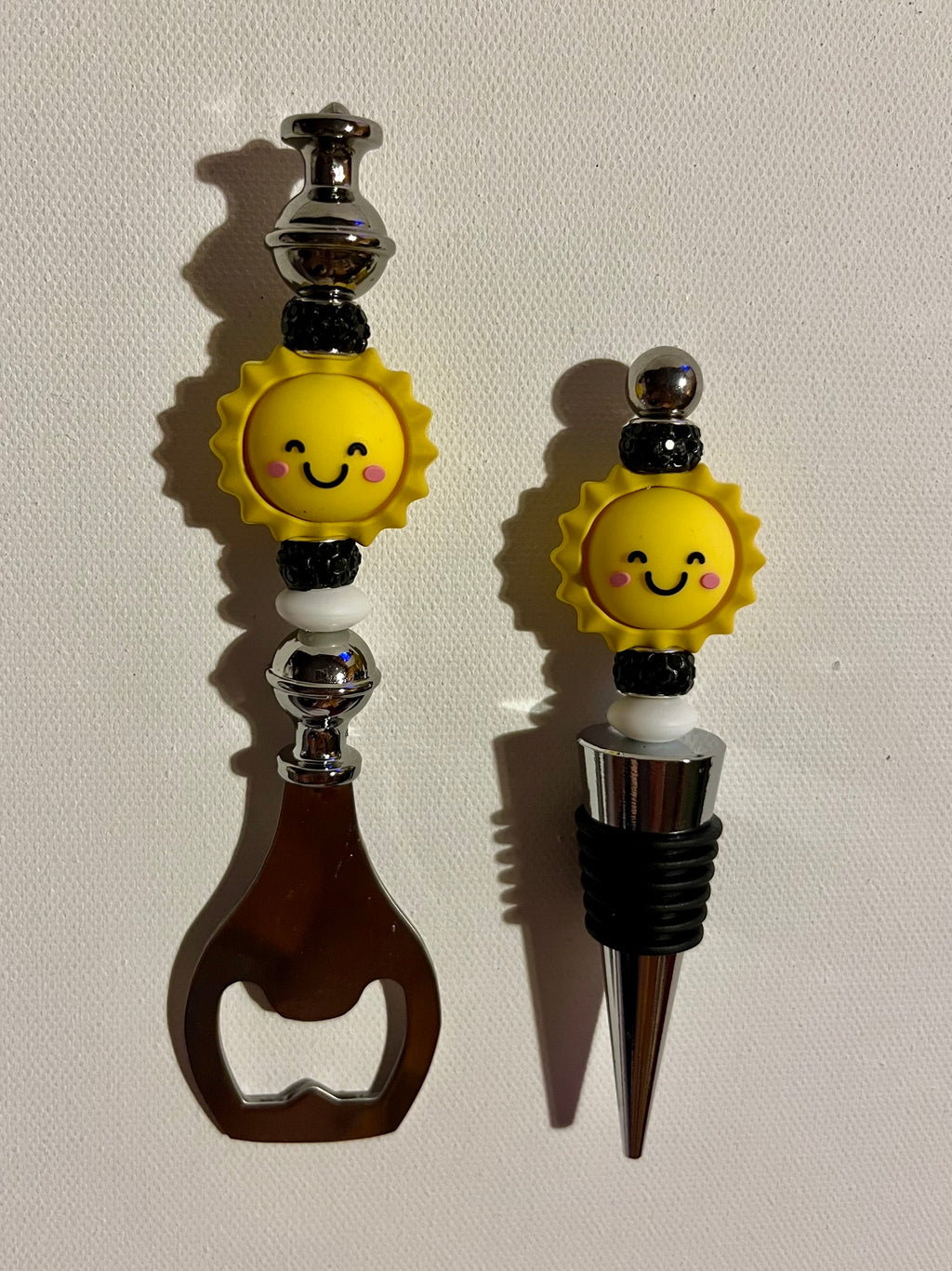 Black & White Smiley Sunshine Bottle Opener & Wine Stopper Set