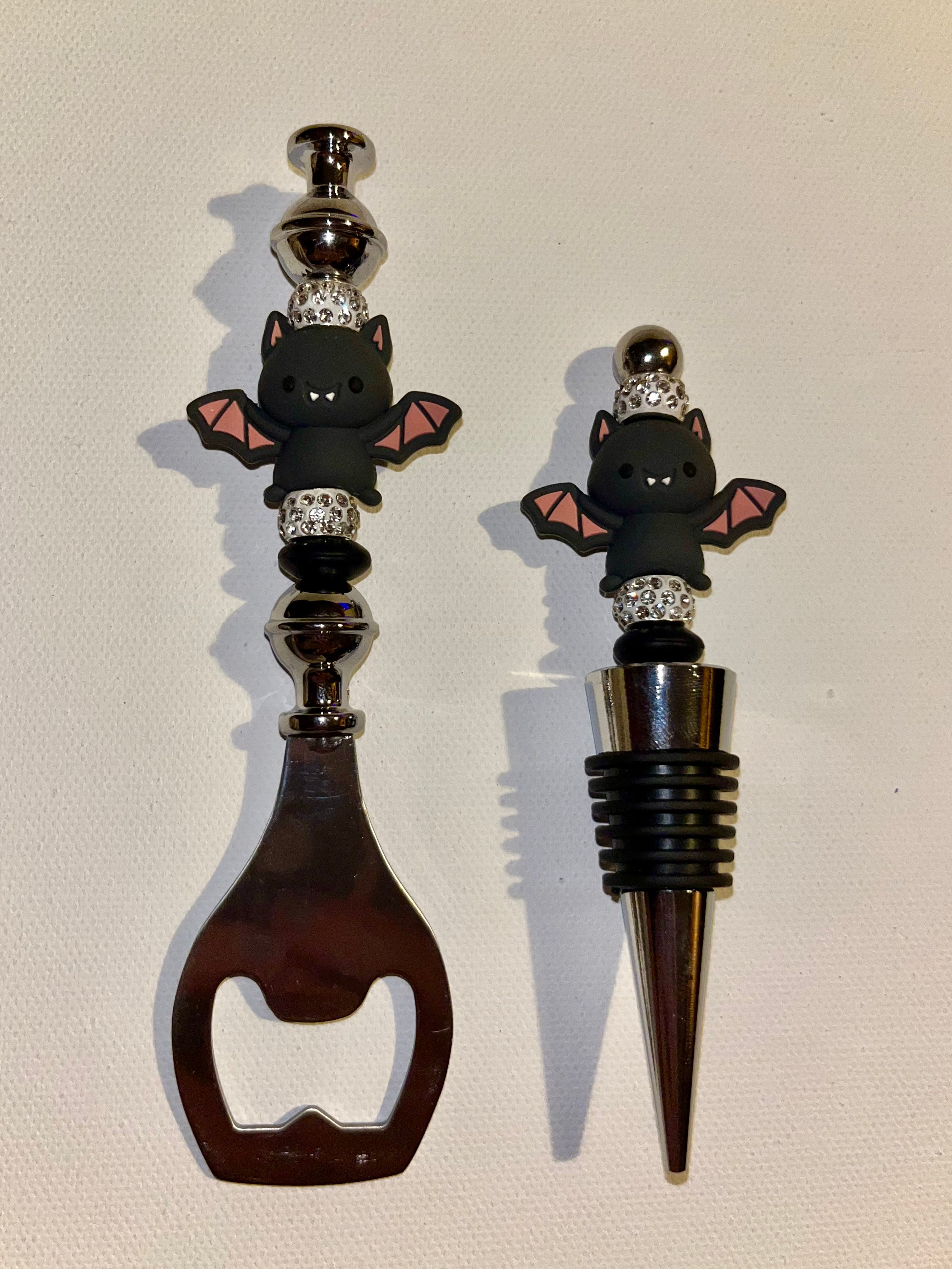 Halloween Sparkly Bat-themed Wine Stopper and Bottle Opener Set