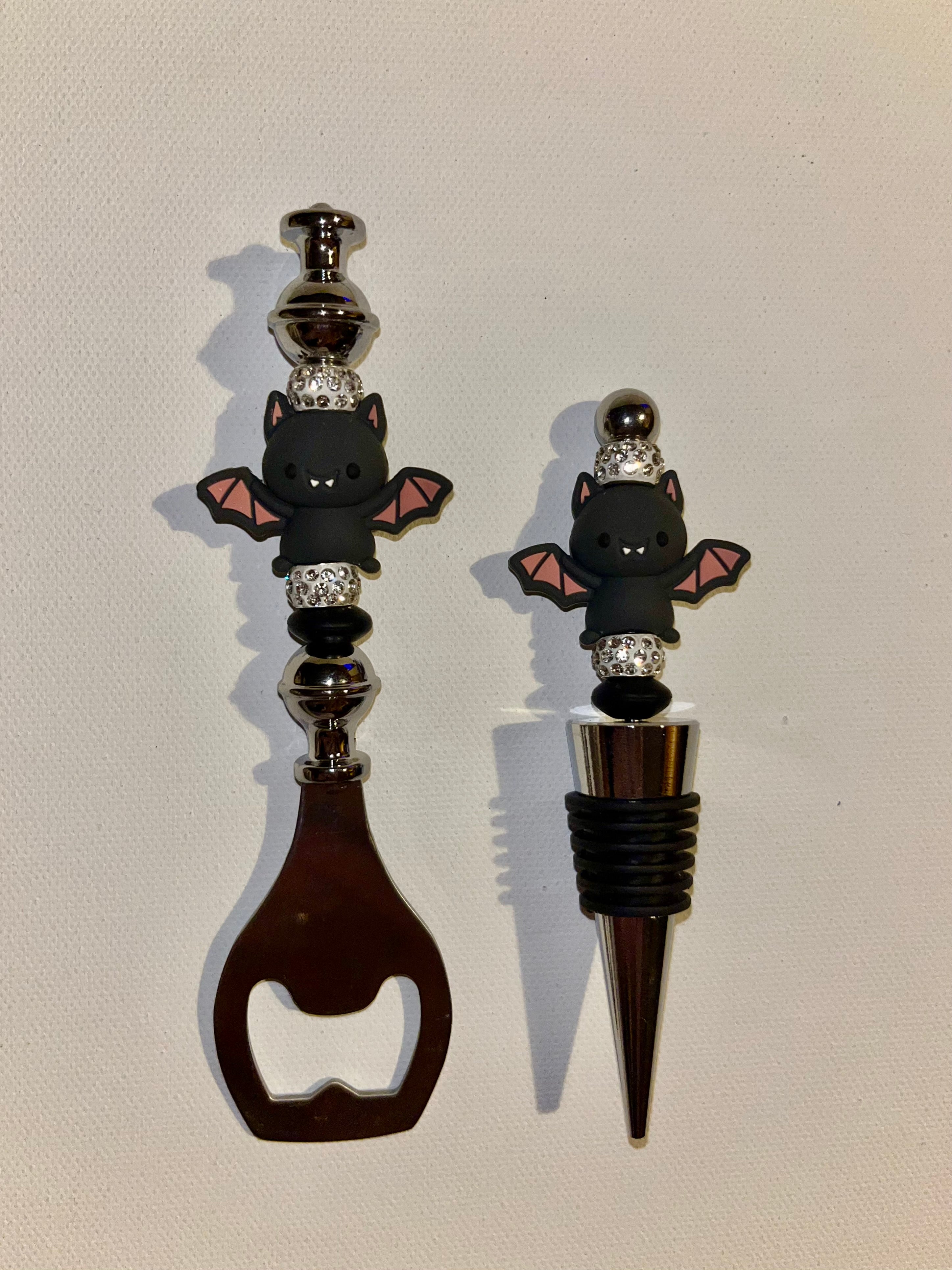 Halloween Sparkly Bat-themed Wine Stopper and Bottle Opener Set