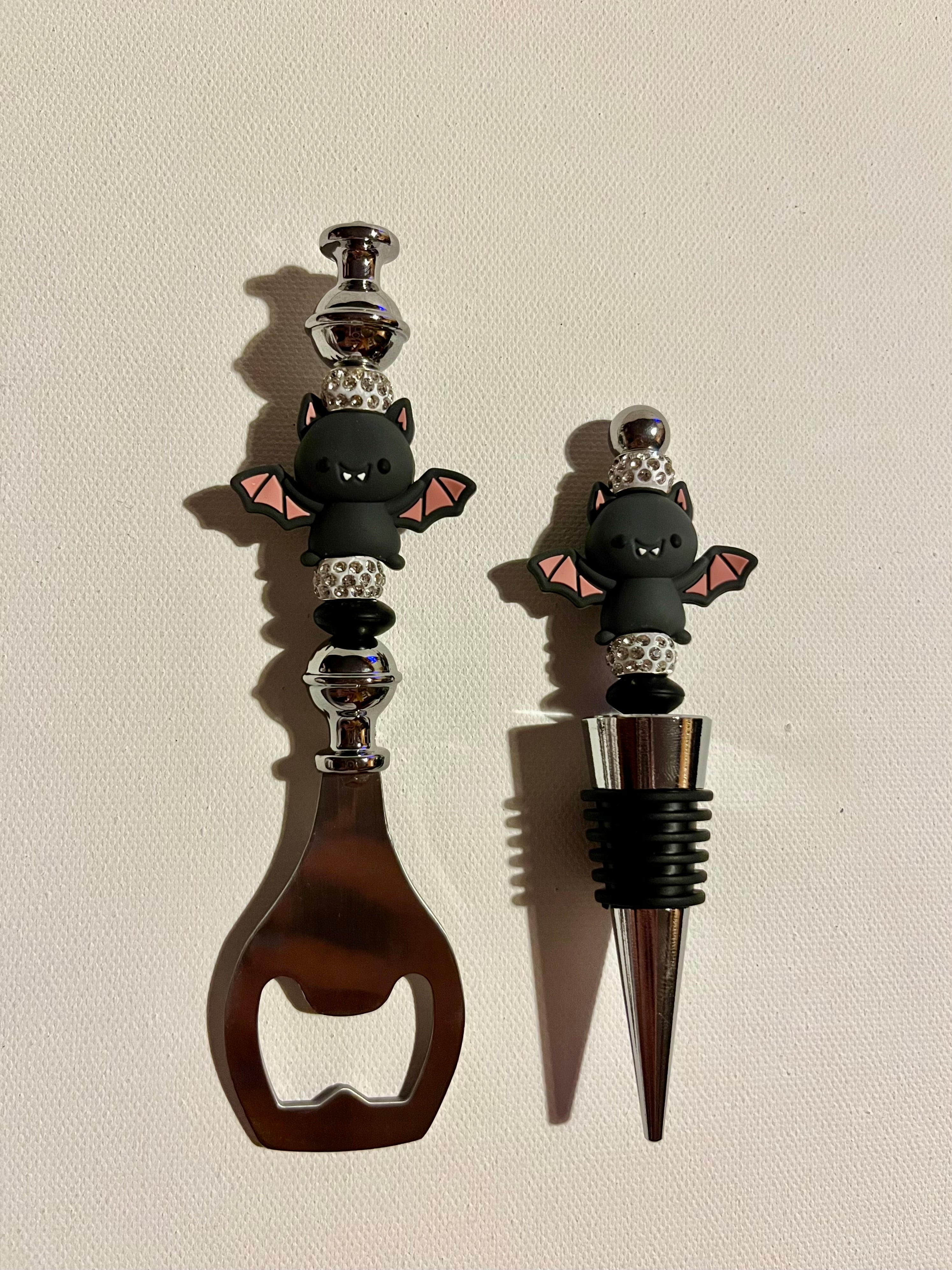 Halloween Sparkly Bat-themed Wine Stopper and Bottle Opener Set