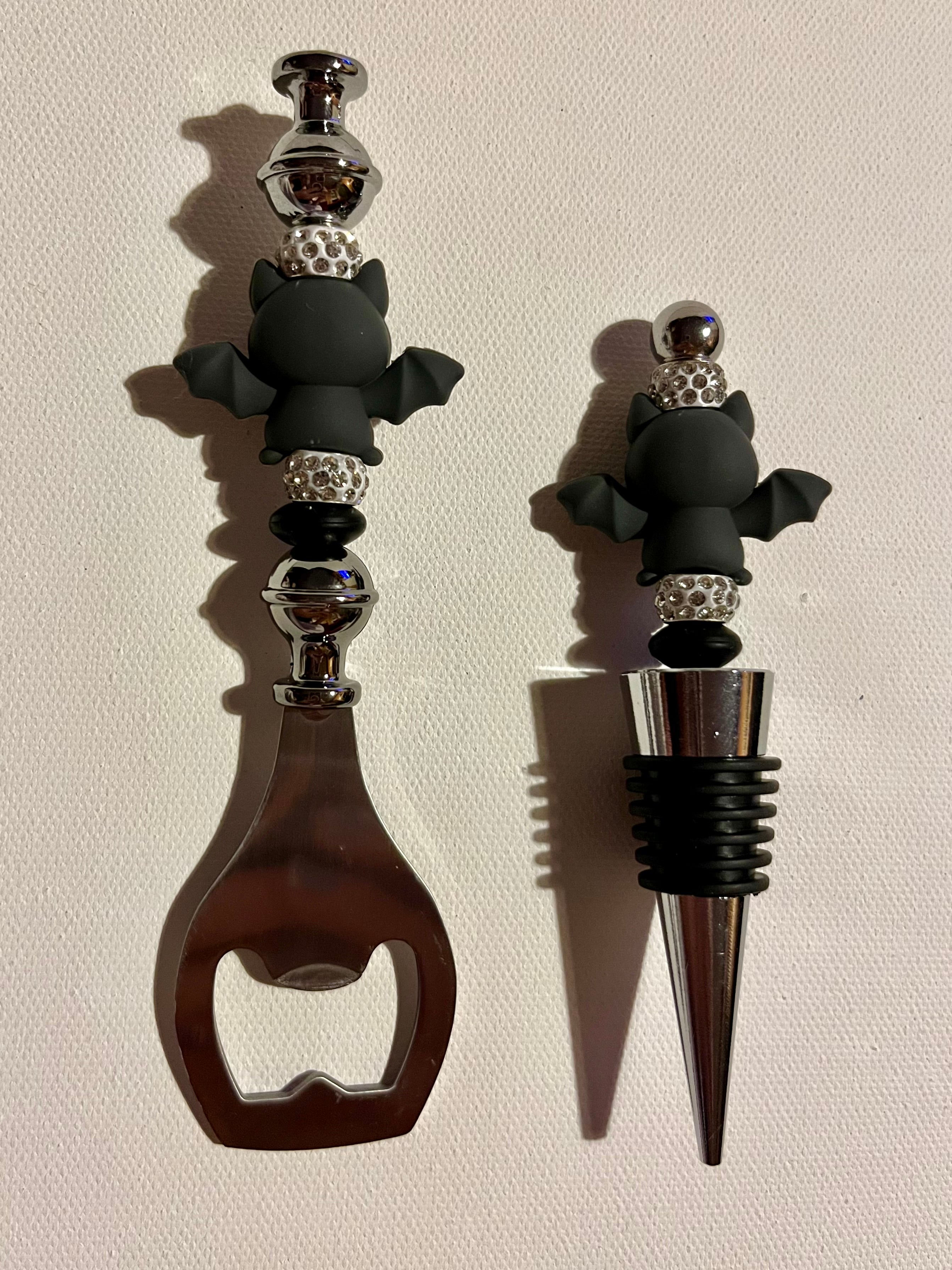 Halloween Sparkly Bat-themed Wine Stopper and Bottle Opener Set