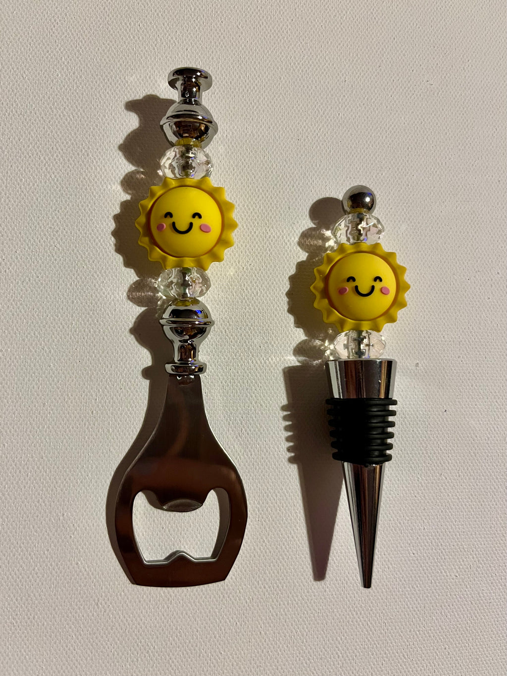 Cute Wine Stopper and Bottle Opener Set Featuring Happy-faced Suns with Clear Sparkly Faceted Beads