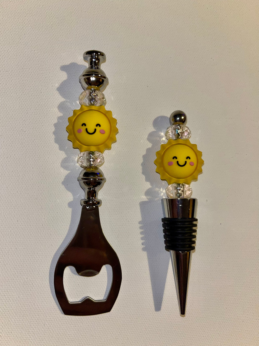 Cute Wine Stopper and Bottle Opener Set Featuring Happy-faced Suns with Clear Sparkly Faceted Beads
